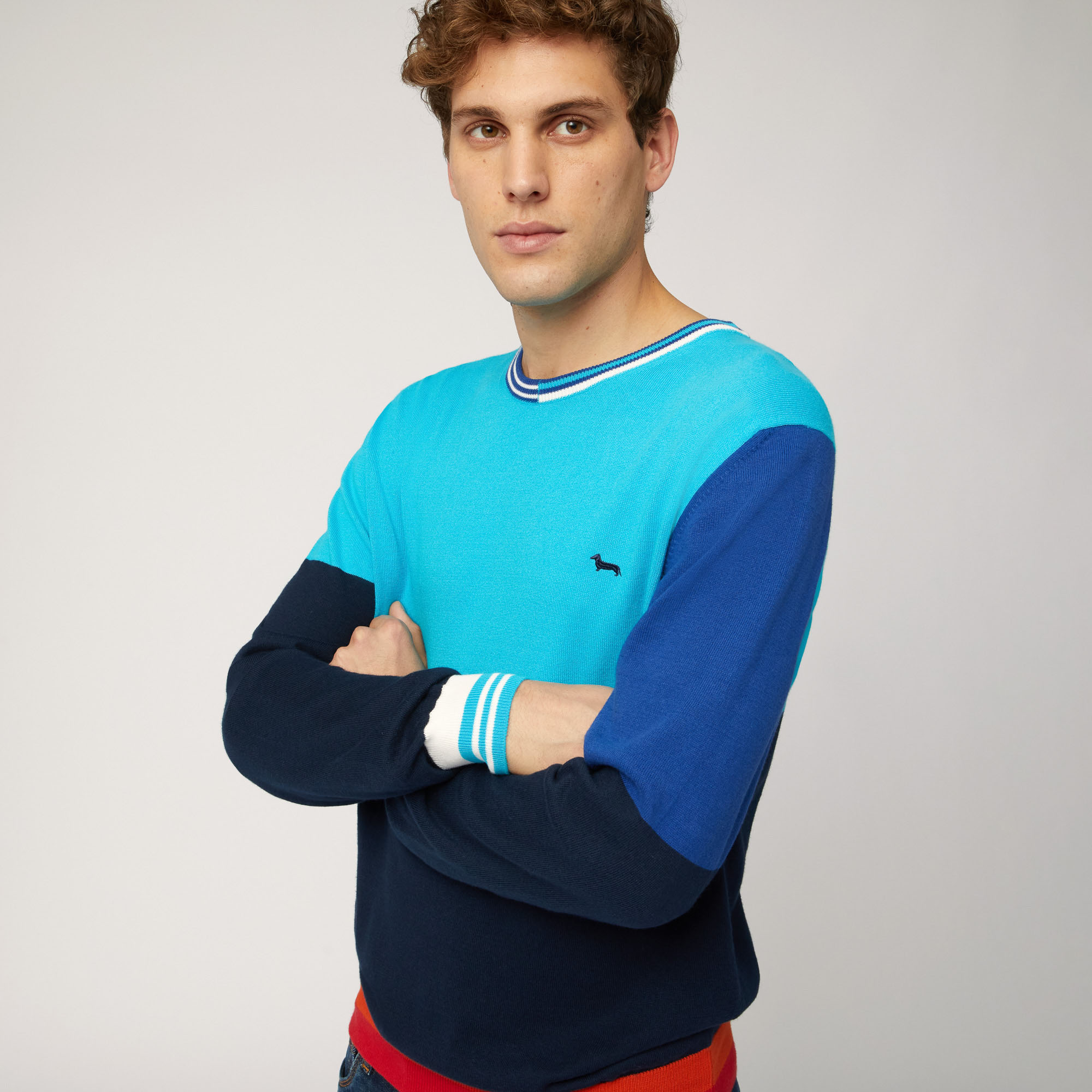 Jersey de algodón orgánico con cuello redondo y diseño de bloques de colores, Azul Noche, large image number 2