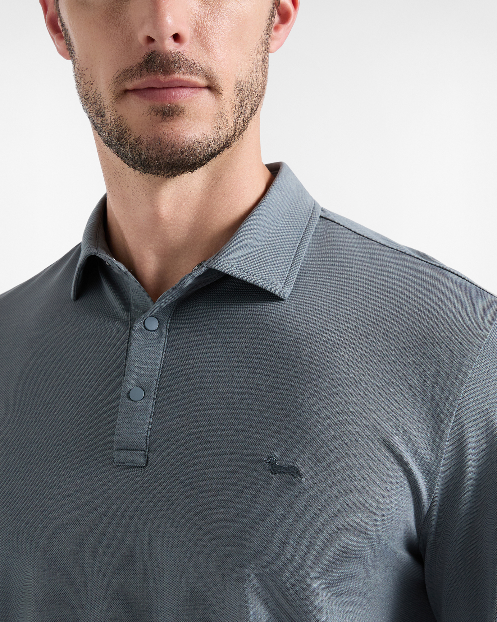 Polo da uomo manica lunga in piquet di cotone stretch grigio, GRIGIO, large image number 2
