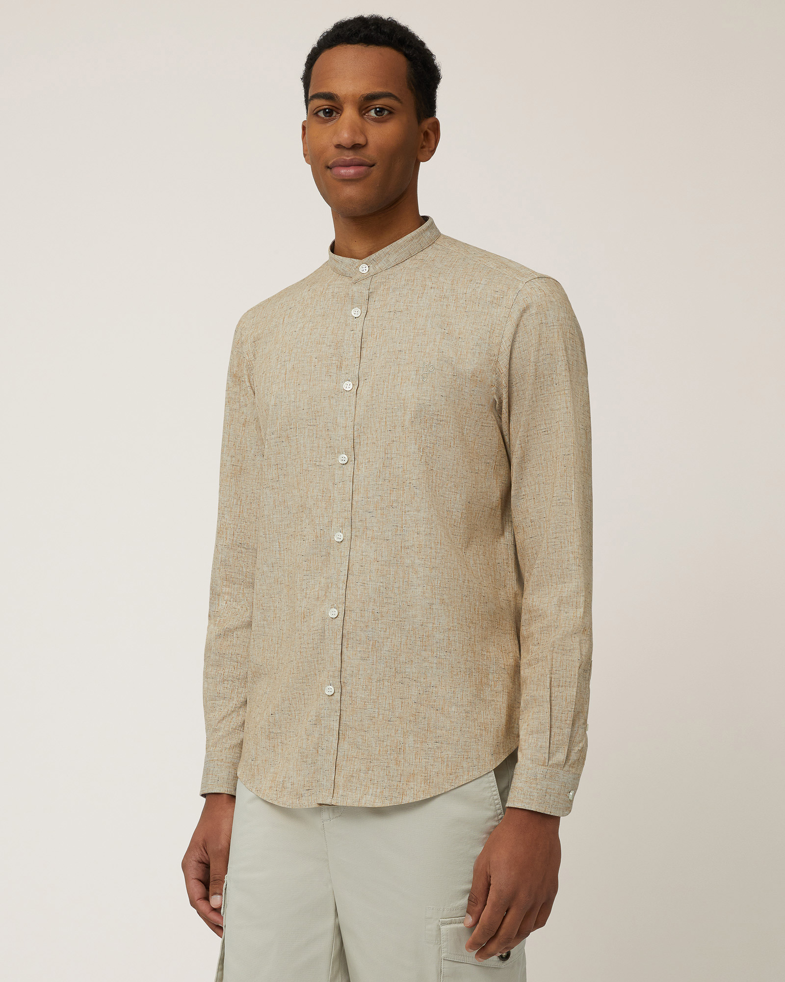Camicia Coreana Misto Cotone, Sabbia, large