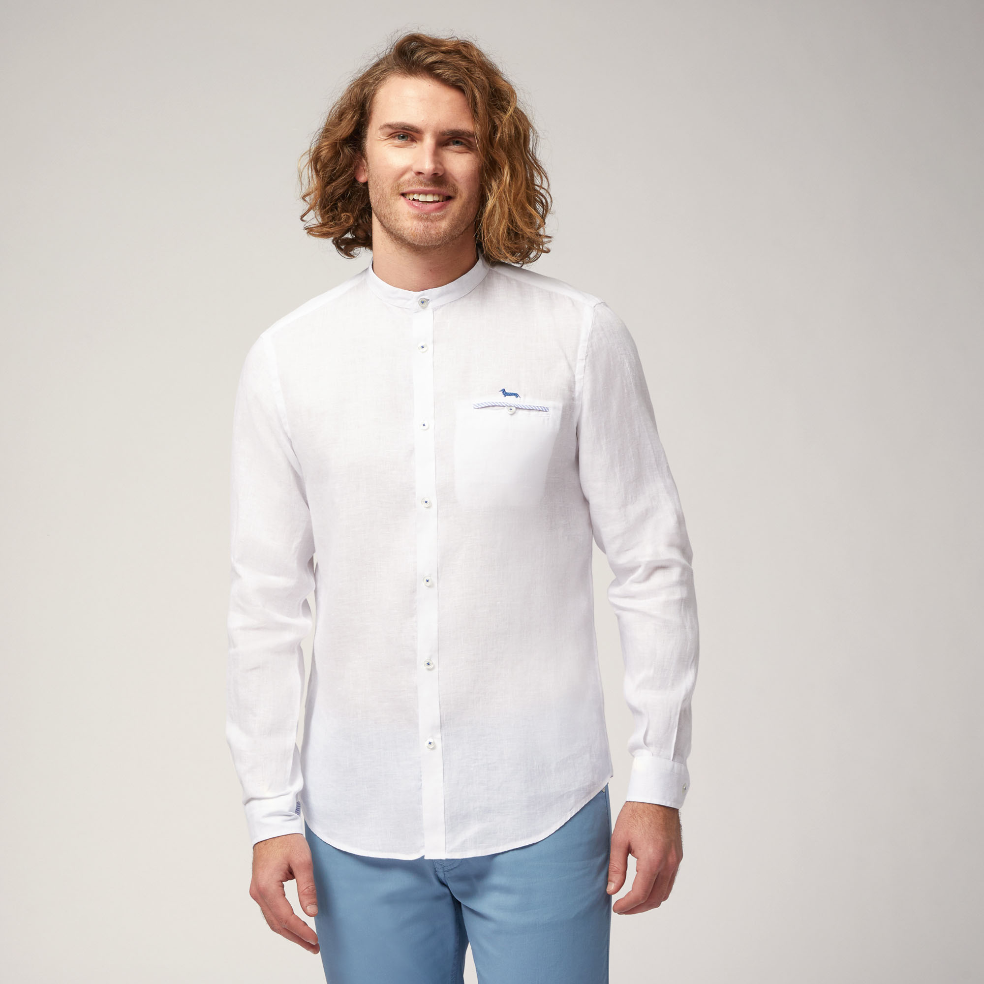 Camisa de lino con cuello mao y bolsillo, Blanco, large