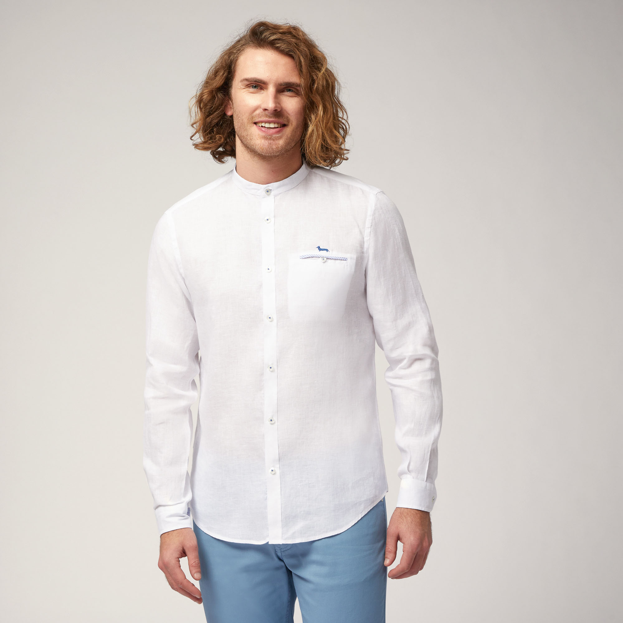 Linen Shirt with Mandarin Collar and Breast Pocket, White, large image number 0