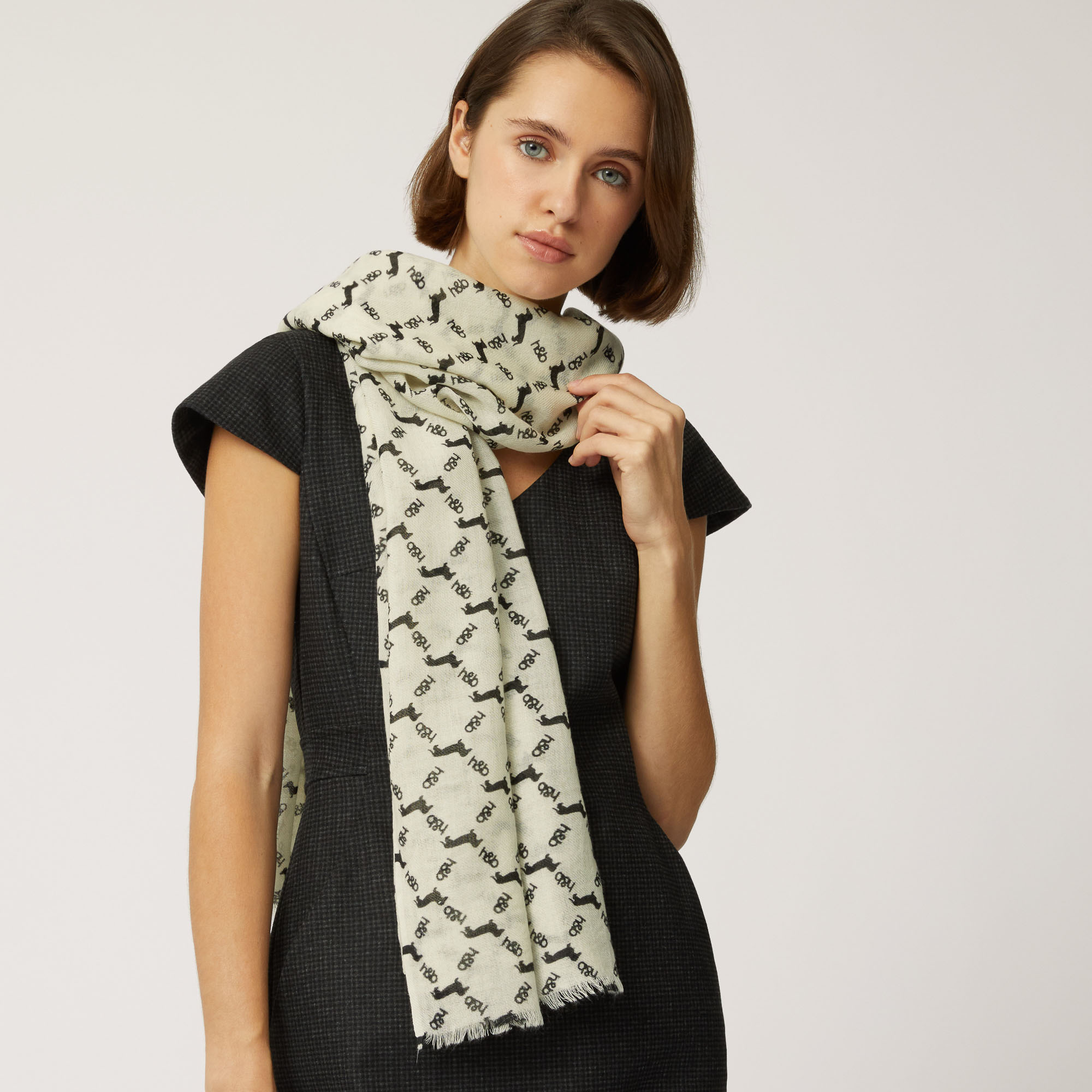 Wool Scarf With All-Over Logo Print, White, large image number 2