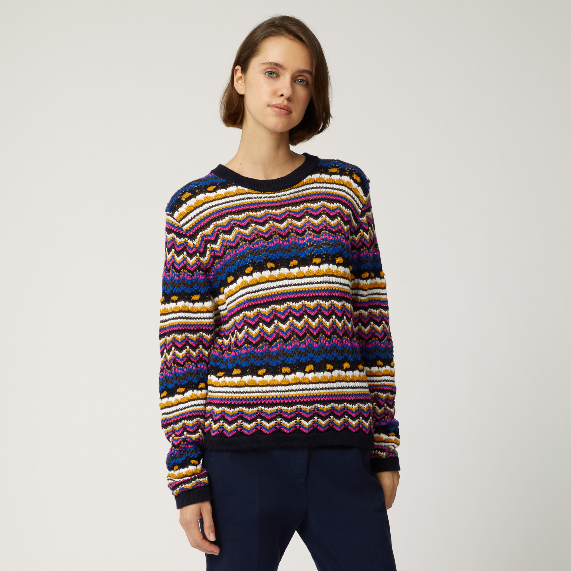 Wool Crew-Neck Pullover With Multicolored Pattern, Blue, large