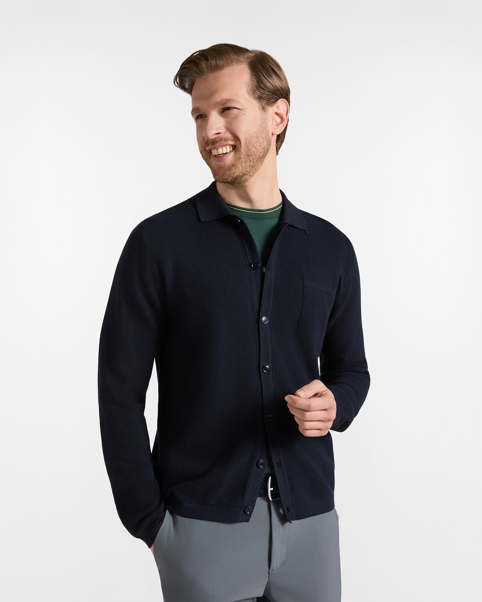 Men's Made in Italy buttoned polo shirt collar sweater in blue wool and cotton blend with regular fit