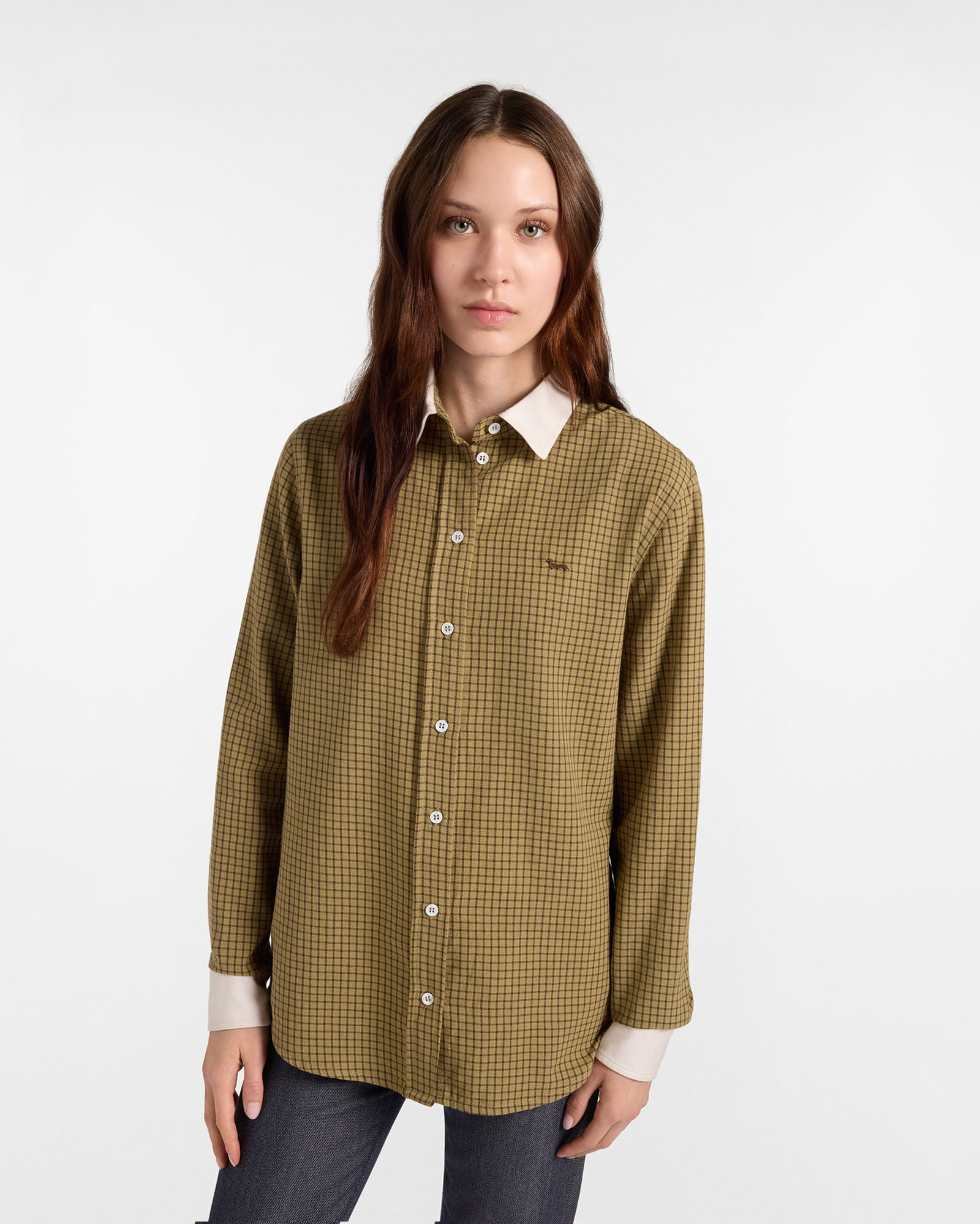 Women&rsquo;s Capsule Qualit&agrave; a Colori Shirt in olive green checked cotton