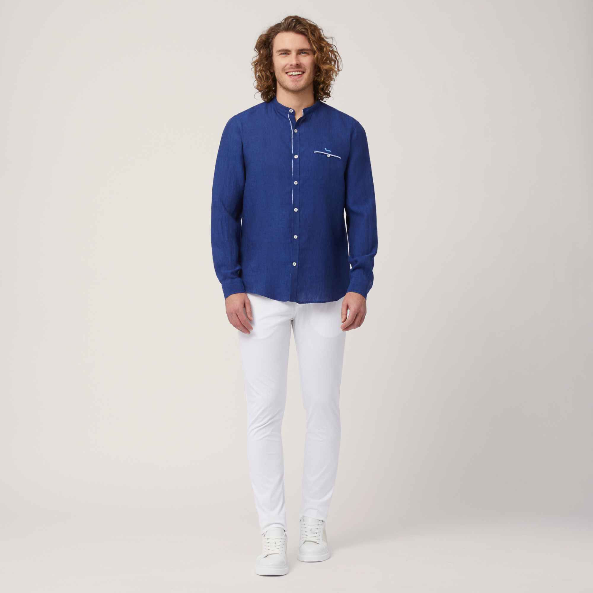 Linen Shirt with Mandarin Collar and Breast Pocket, Blue, large image number 3