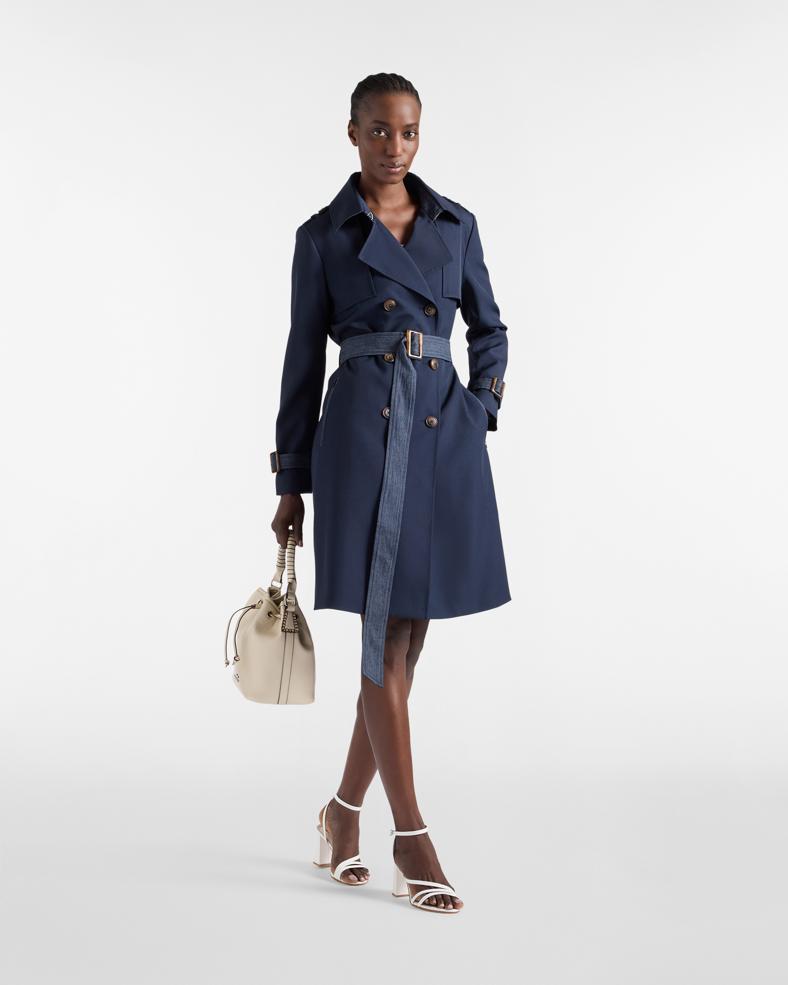 Women&rsquo;s bi-material trench coat with belt, Navy Blue, large image number 3