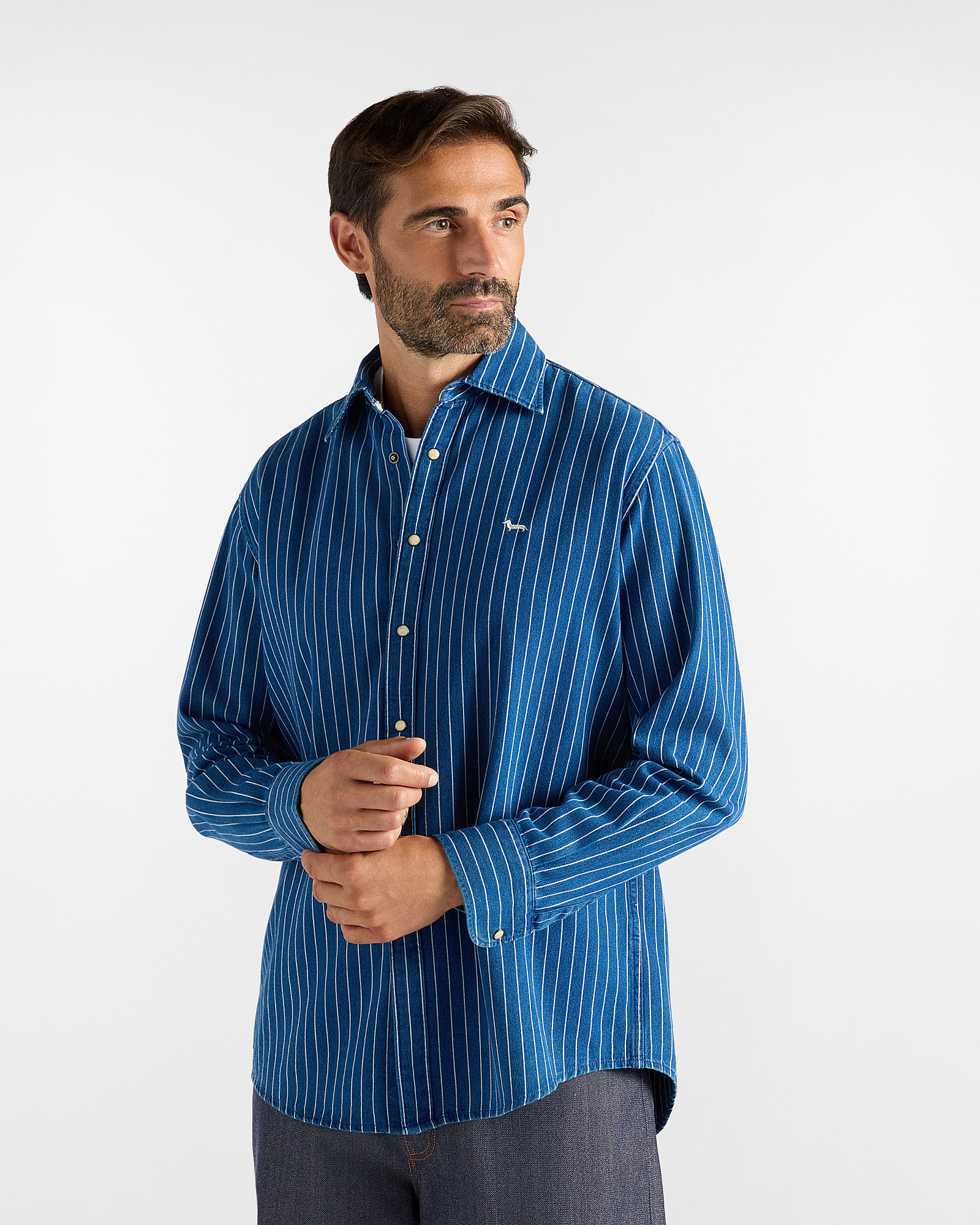 Men's dark blue denim shirt with narrow stripes and classic fit