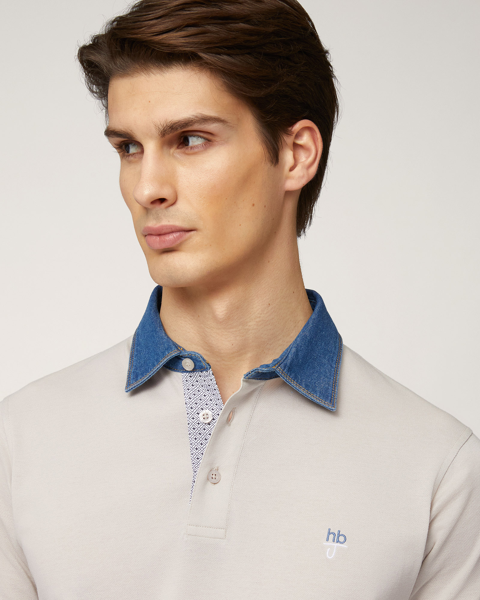 Polo-Shirt with Denim Collar, Sand, large image number 2