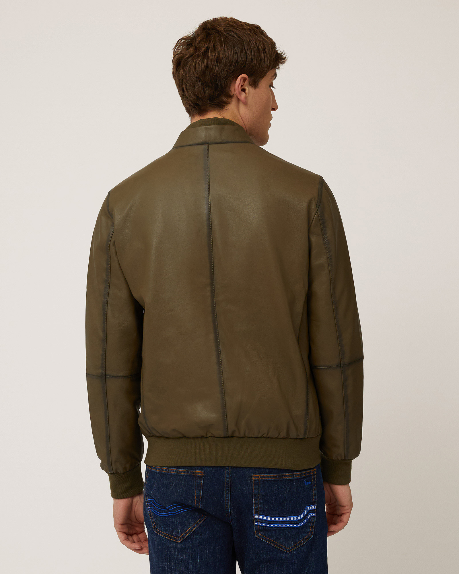 Indigo Cruise Nappa Leather Bomber Jacket, Military Green, large image number 1
