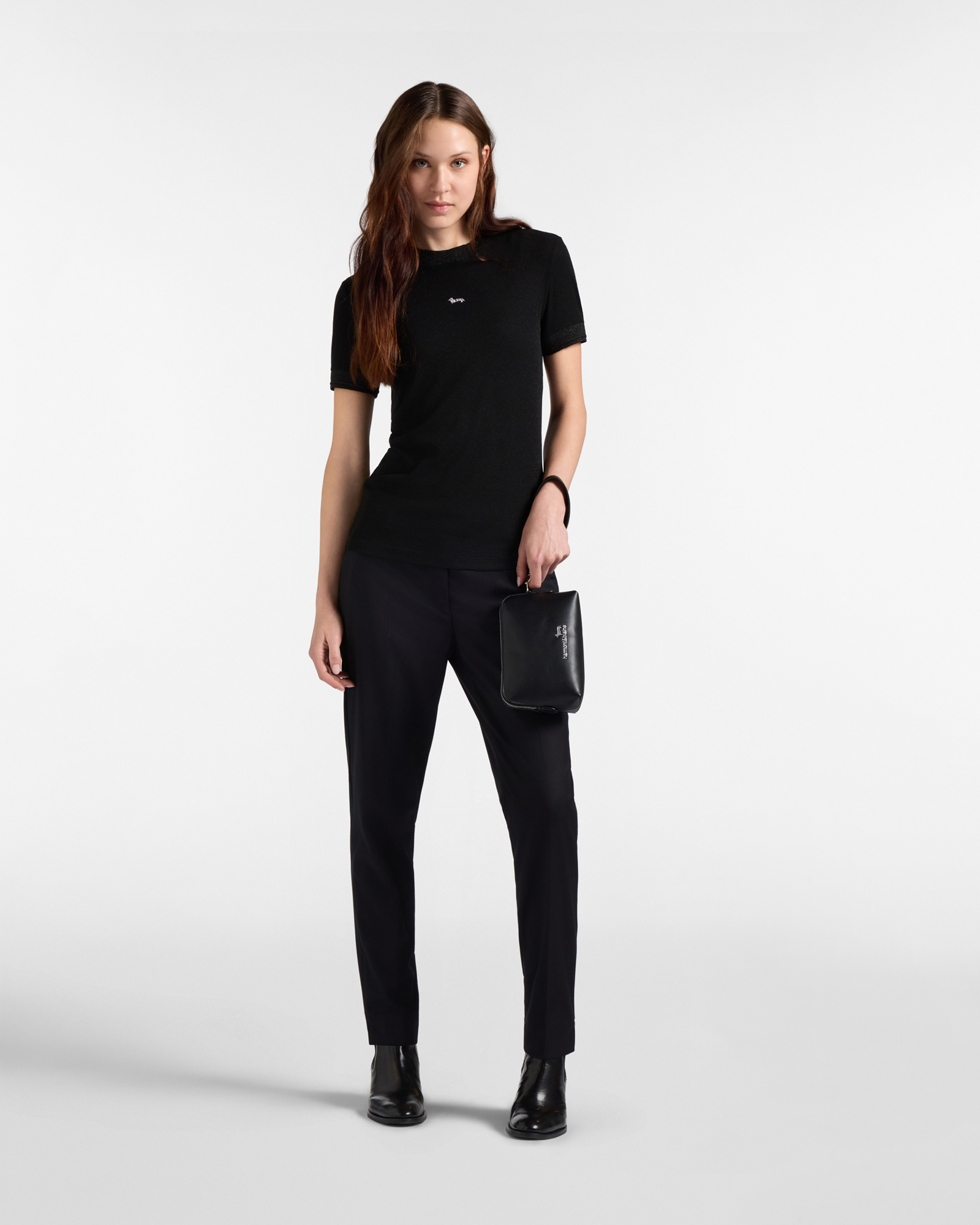 Women&rsquo;s Slim-Fit Lam&eacute; Ribbed T-shirt with rhinestone hem in stretch nylon, BLACK, large