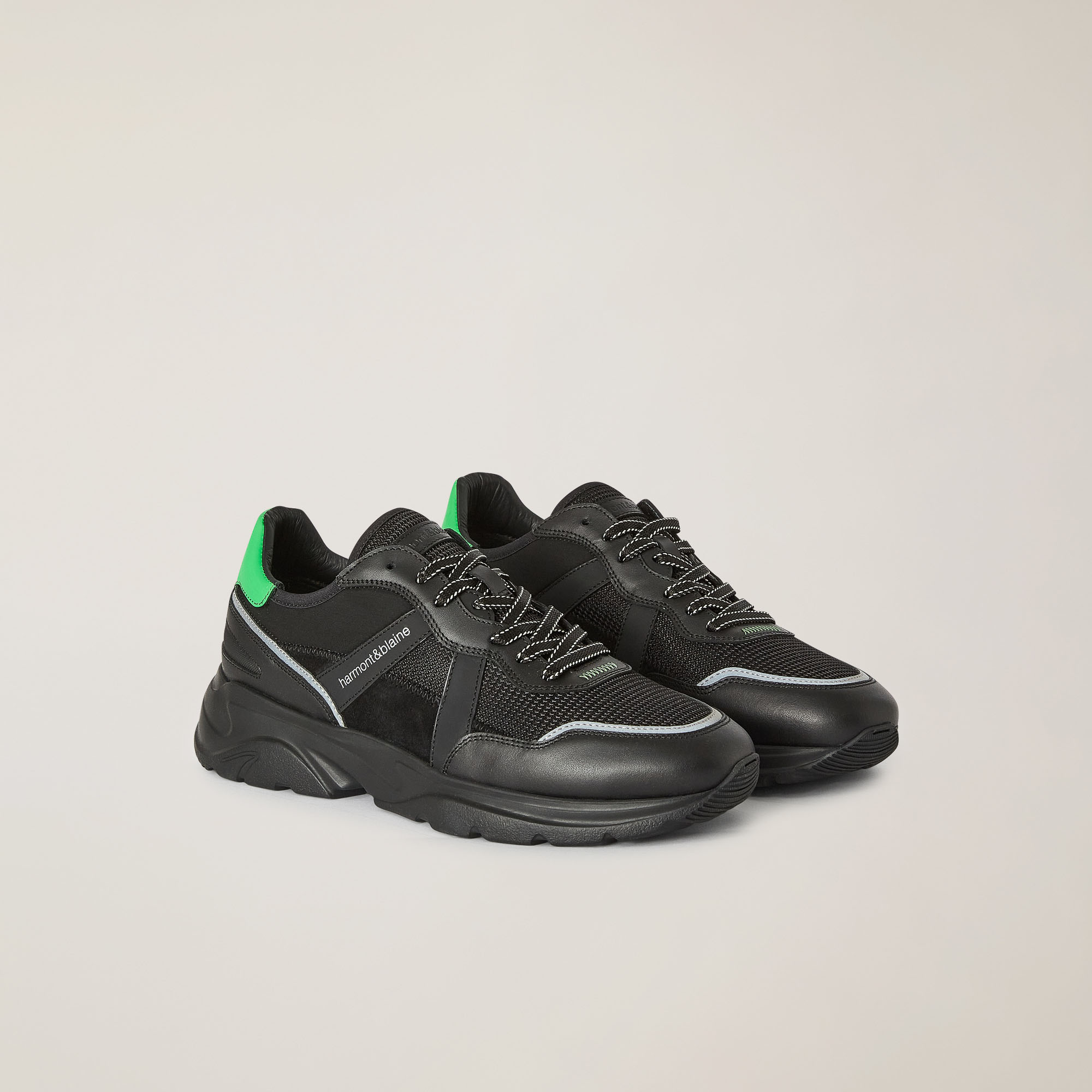 Leather And Fabric Running Sneakers, Black/Green, large image number 1