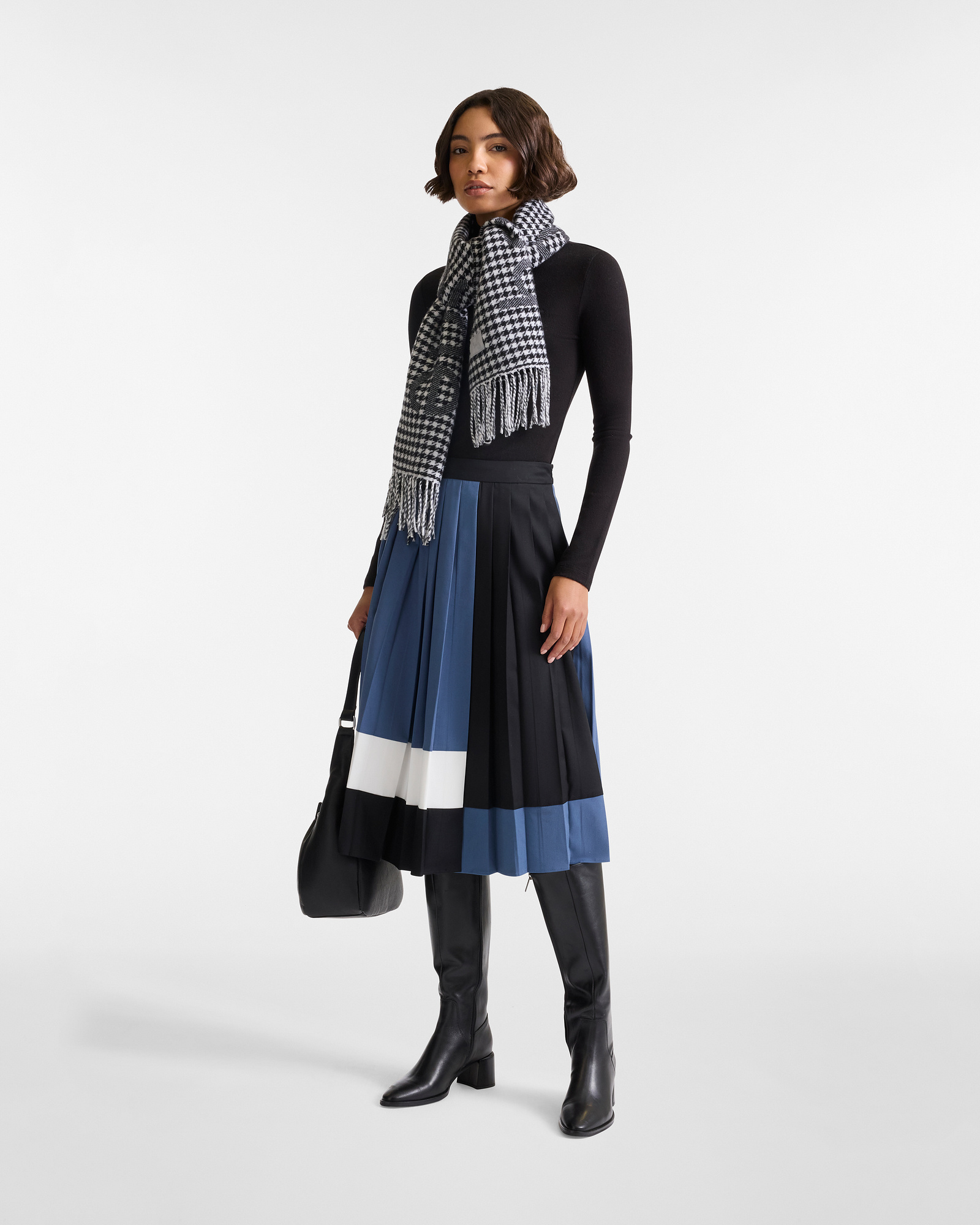 Midi Pleated Skirt with Color Blocks, Dusty Blue, large image number 3