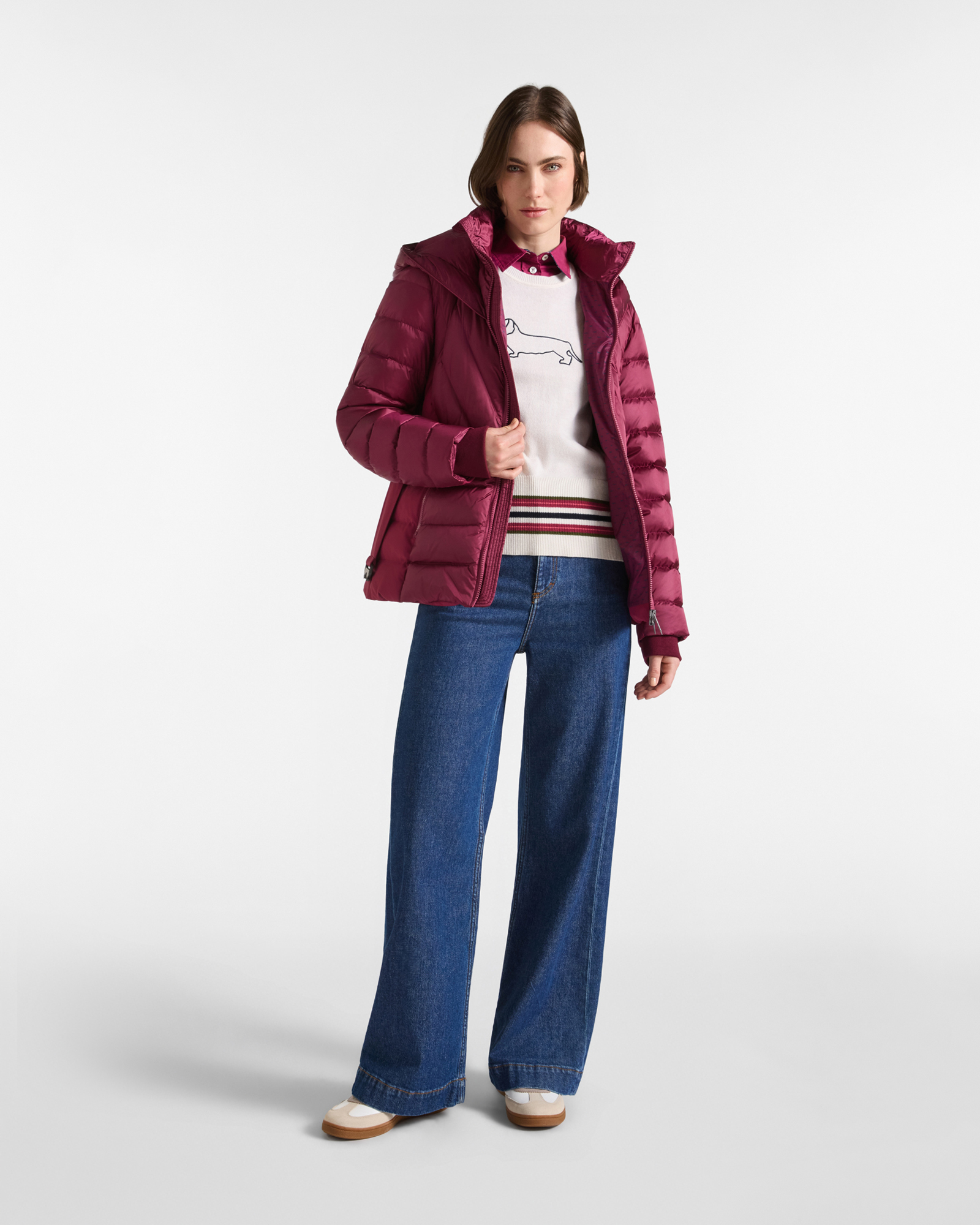 Women&rsquo;s down jacket with double collar and hood in technical nylon, INDIAN ROSE, large