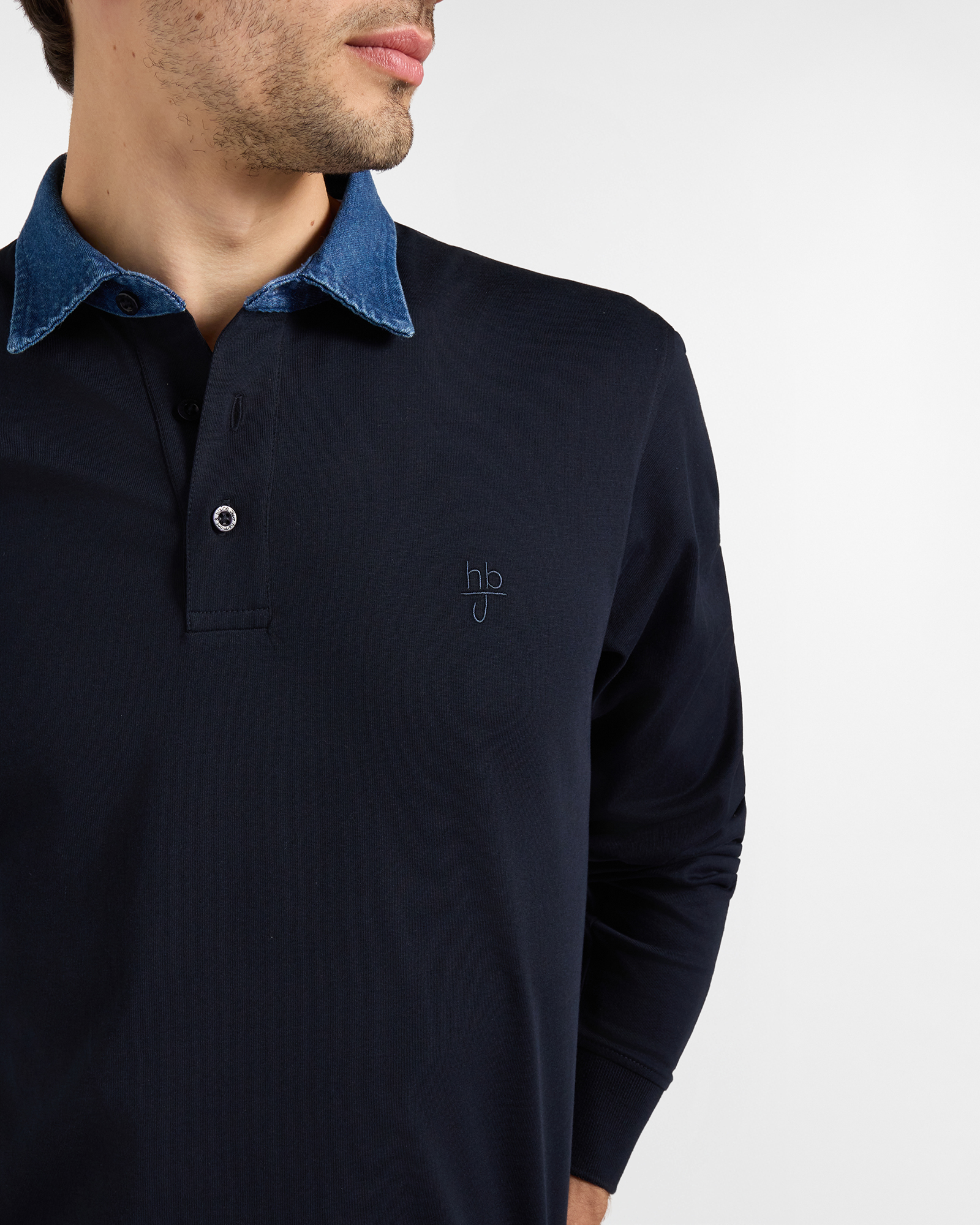 Polo HBJ Uomo con Colletto in Denim di Puro Cotone, BLU SCURO, large