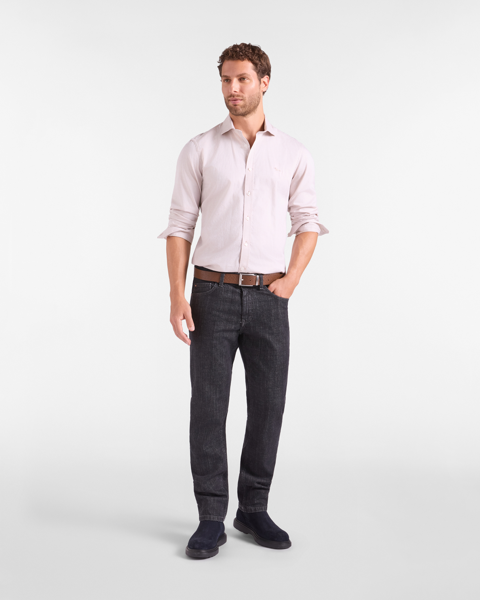 Men's narrow-fit sand-colored shirt in melange micro jacquard, BEIGE, large