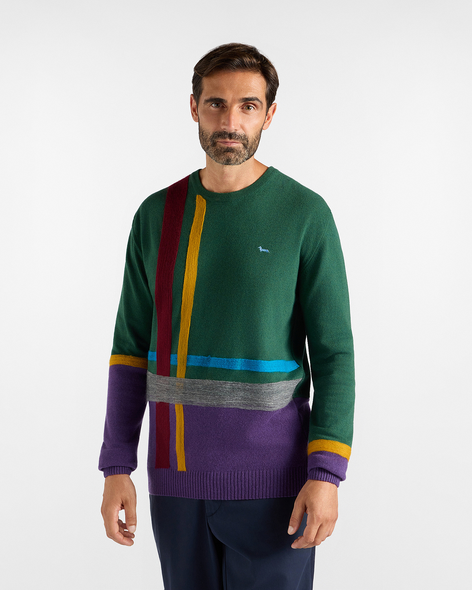 Jersey de cuello redondo para hombre en mezcla de lana y cachemira, color verde botella, Re-Loved, fabricado en Italia