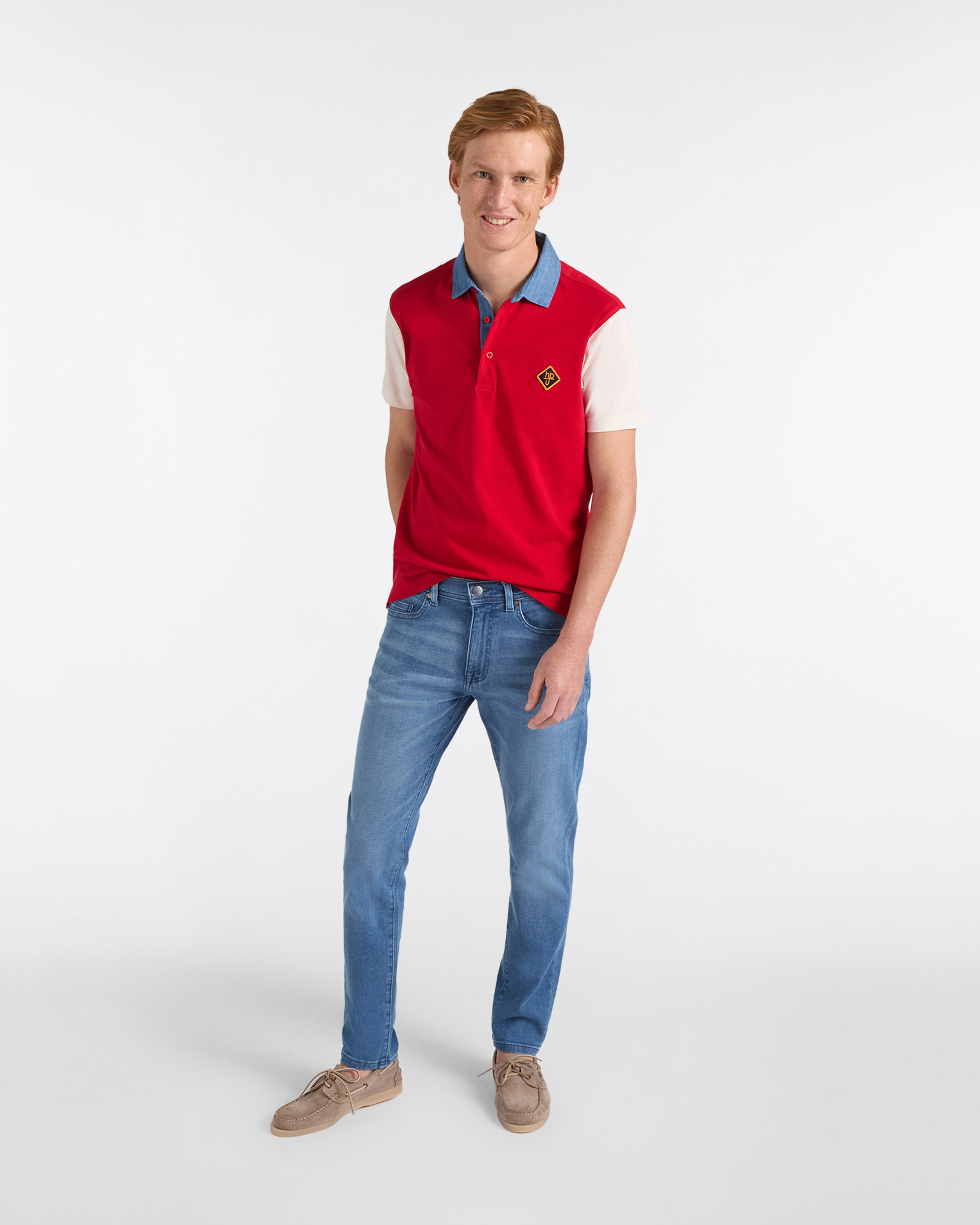 Polo uomo narrow fit con colletto denim, Rosso, large image number 3