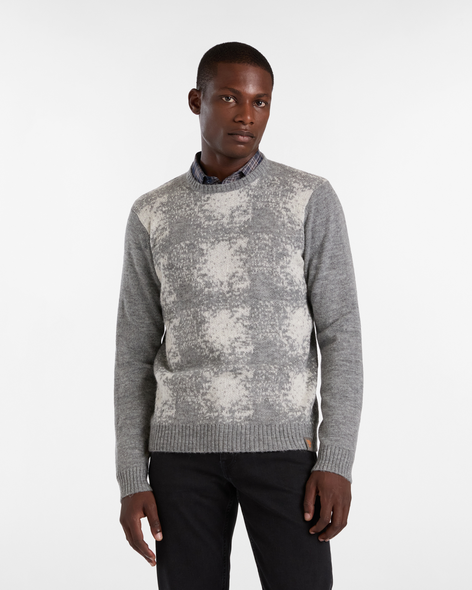 Crewneck Sweater with Distorted Check Pattern
