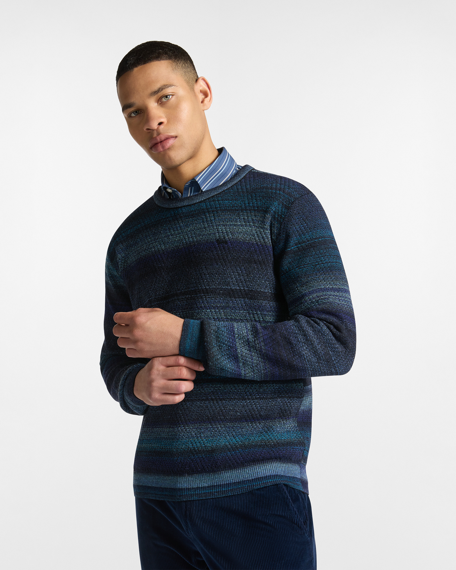 Chevron Knit Pullover with Printed Yarn, Black, large