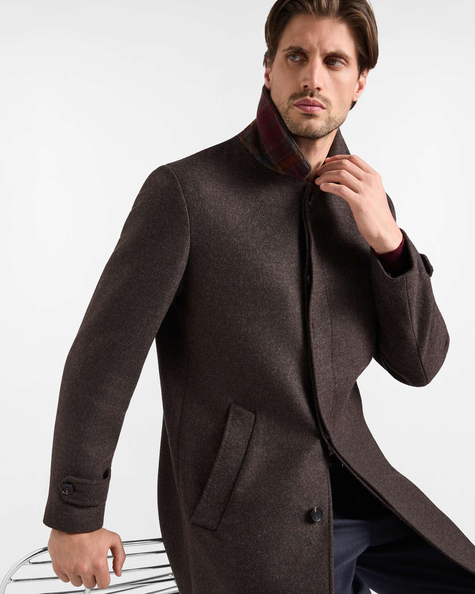 Men&rsquo;s Wool-Blend Coat with Check Details &ndash; &lsquo;Qualit&agrave; a Colori&rsquo; Capsule Collection, DARK BROWN, large