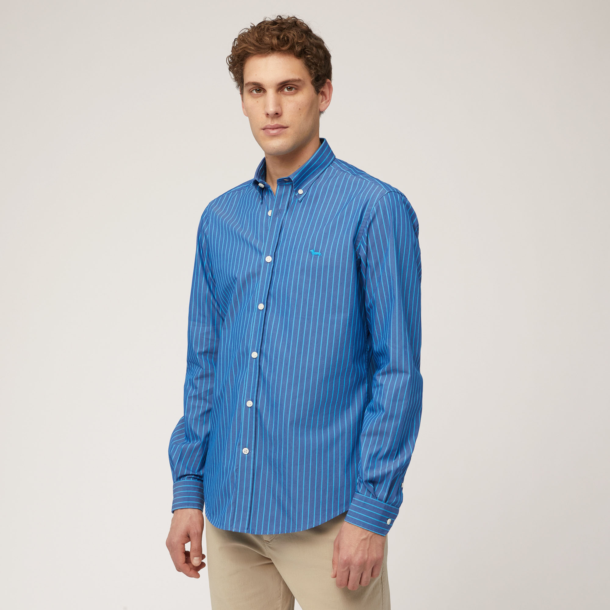 Striped Cotton Twill Shirt, Light Blue, large