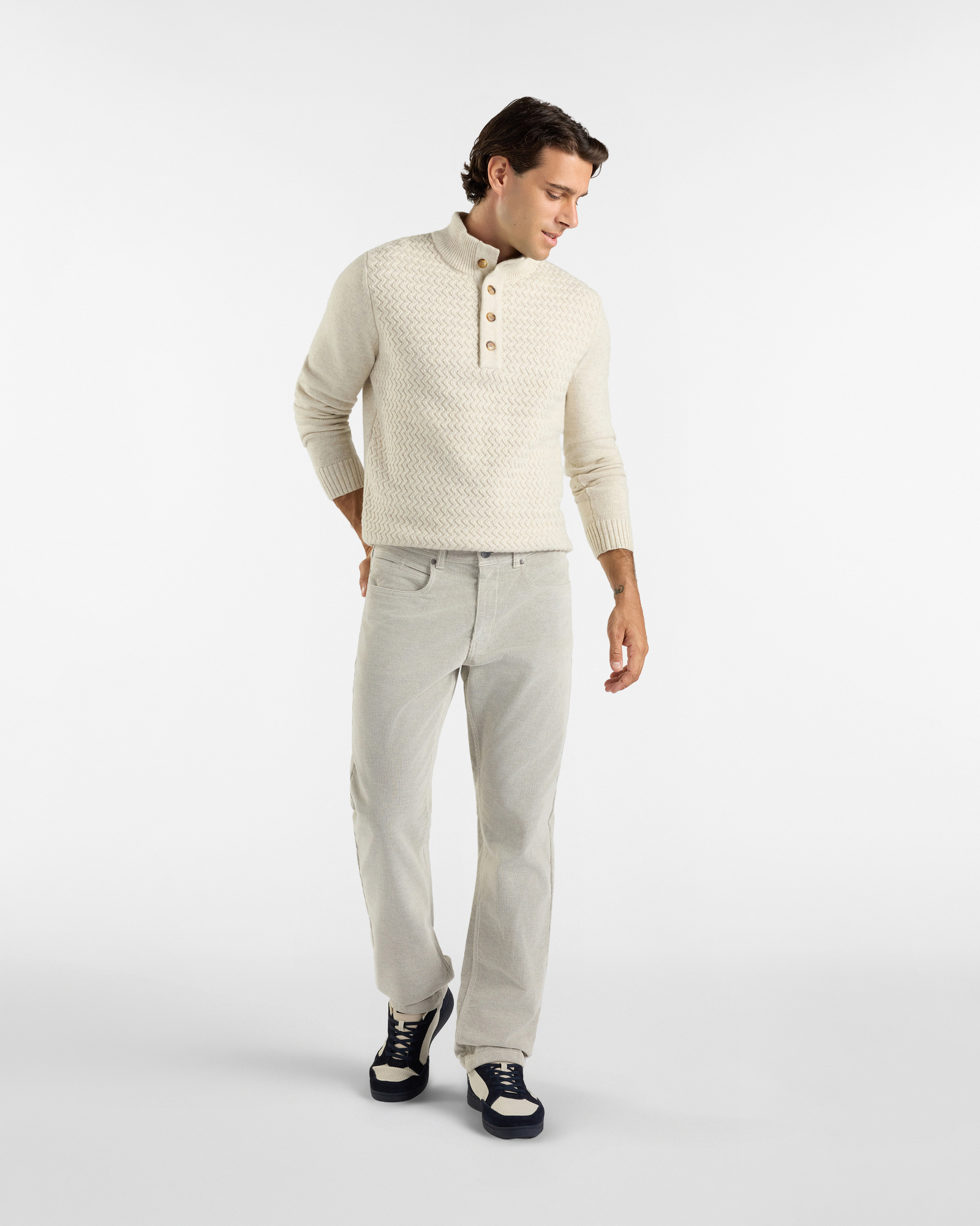 Maglia HBJ Uomo con Collo Alto e Finta Bottonata in Misto Mohair, BIANCO, large
