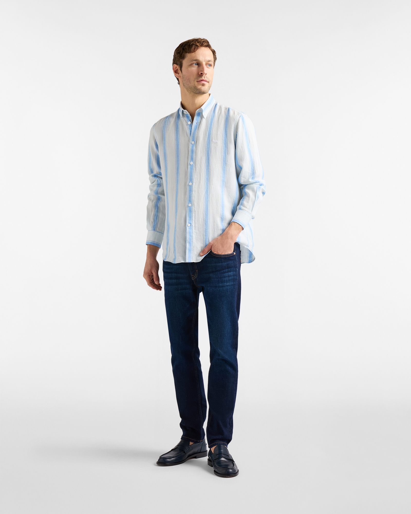 Men's linen shirt with wide stripe, Celeste, large image number 3