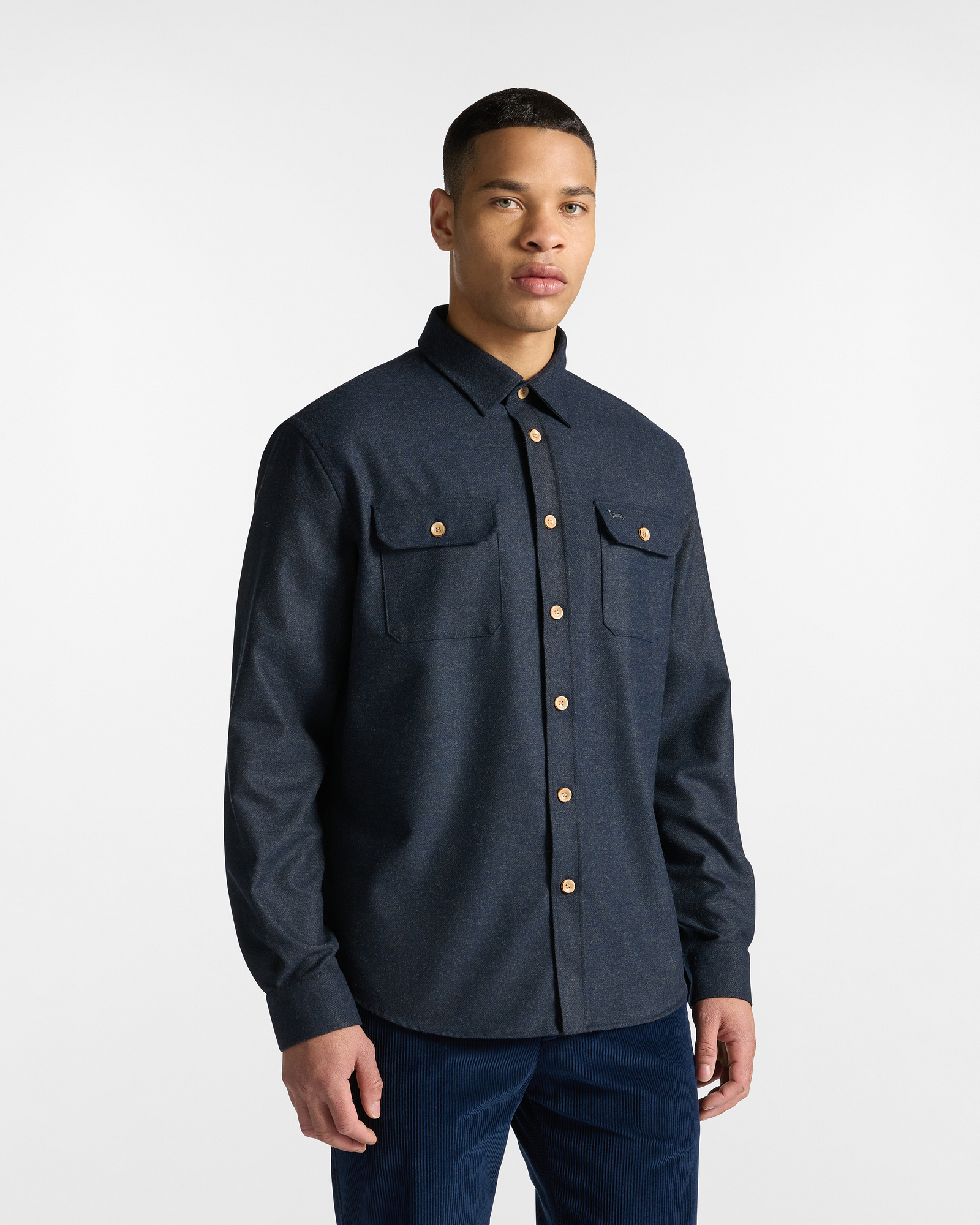 Camisa Oversize de Franela con Bolsillos Aplicados, Azul Navy, large