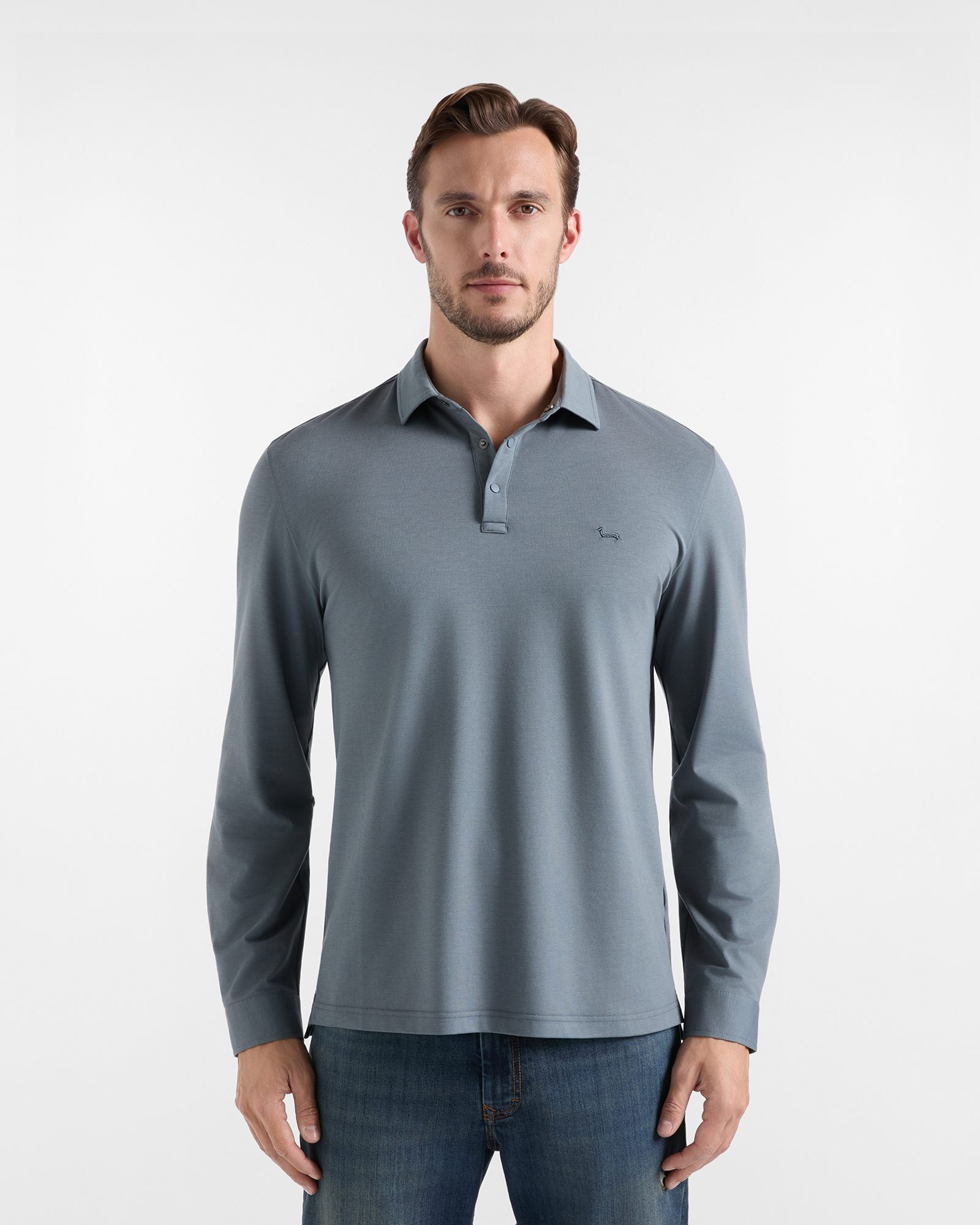 Polo da uomo manica lunga in piquet di cotone stretch grigio