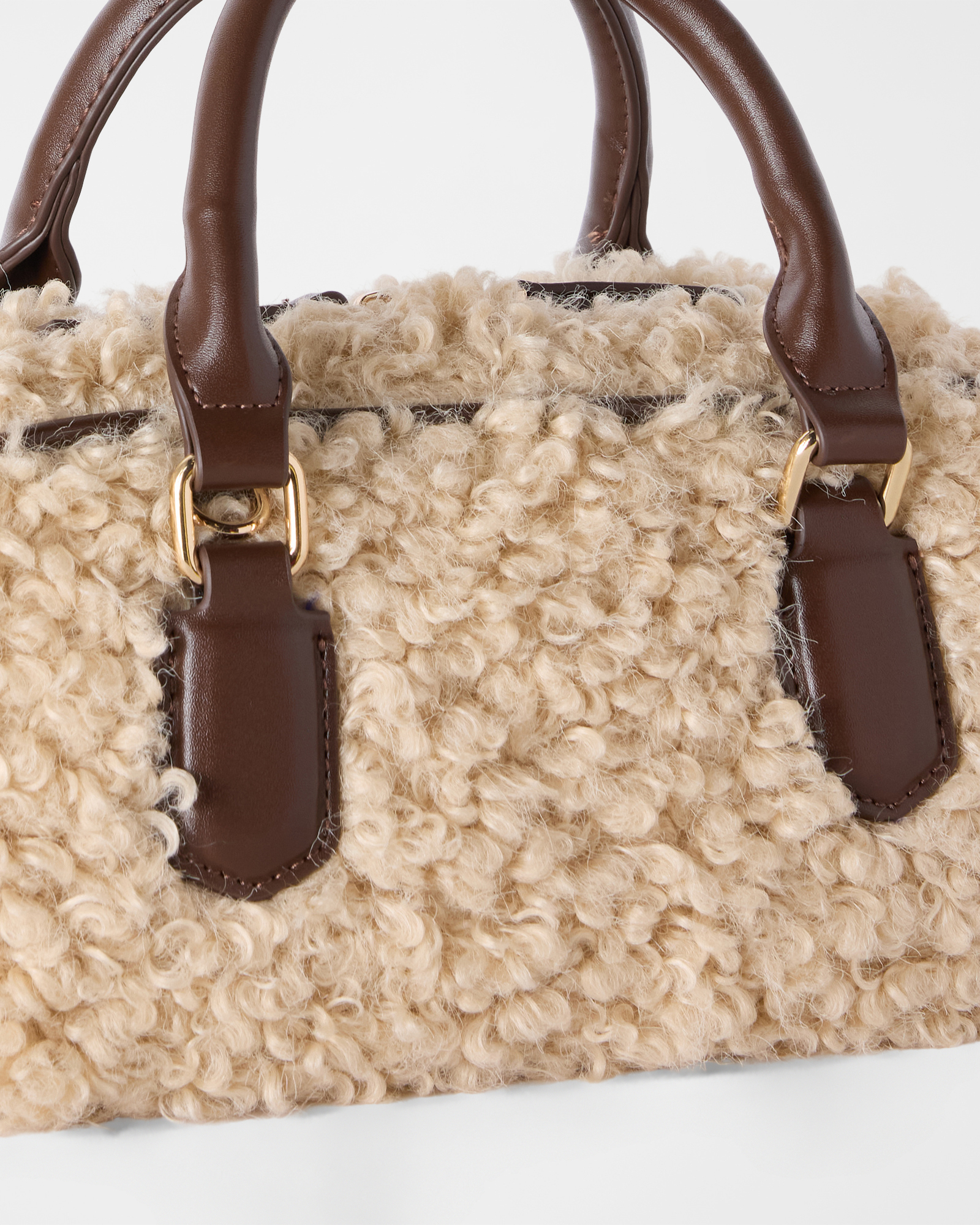 Beige boucl&eacute; fabric women&rsquo;s bowling bag, BEIGE, large