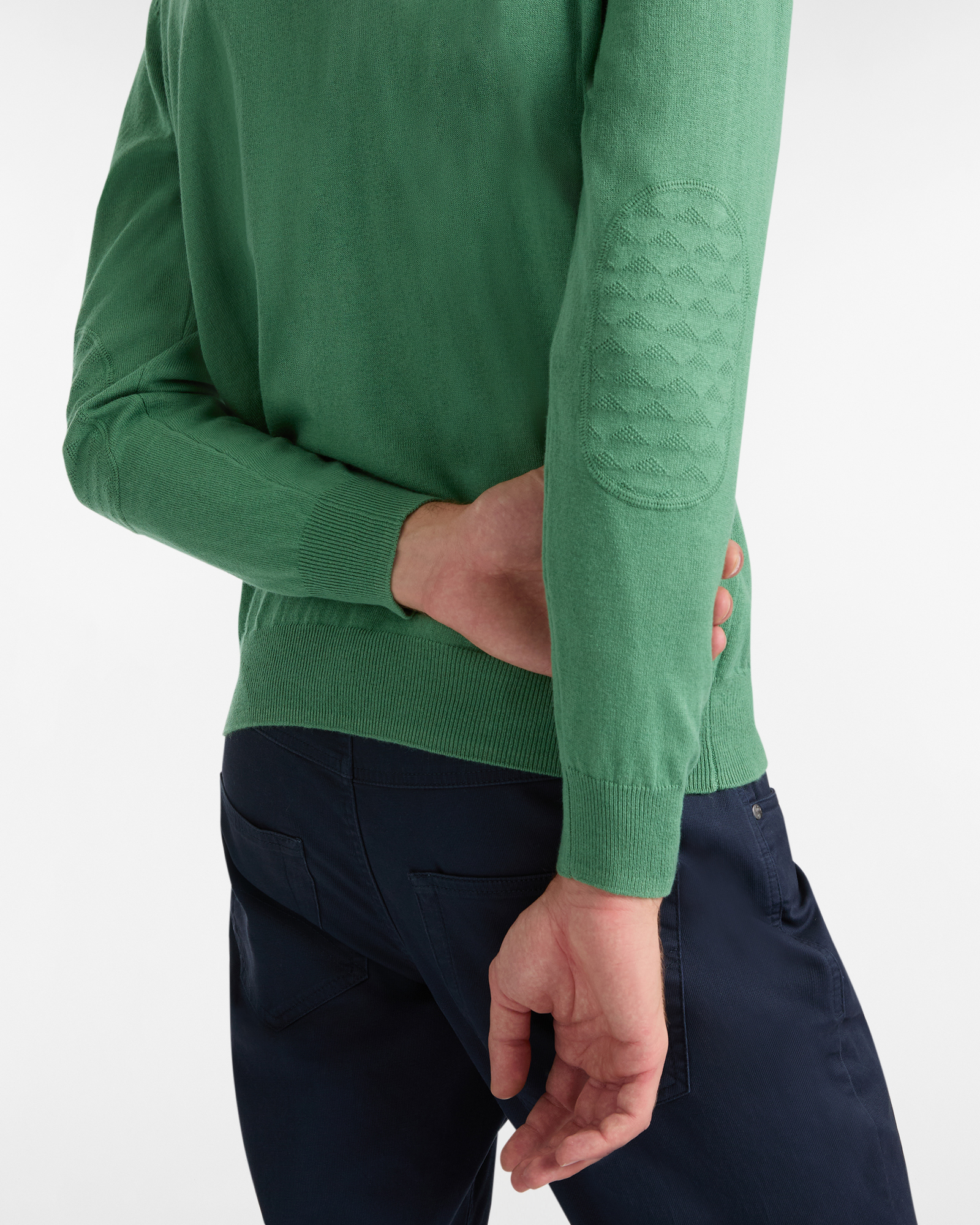 Maglione Girocollo in misto Cotone e Lana con Toppe Tono su Tono, Verde Chiaro, large image number 2