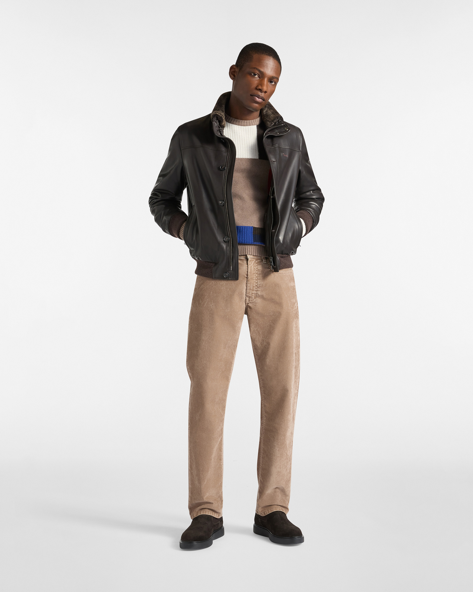 Leather Bomber with Fur Collar, Dark Brown, large image number 3