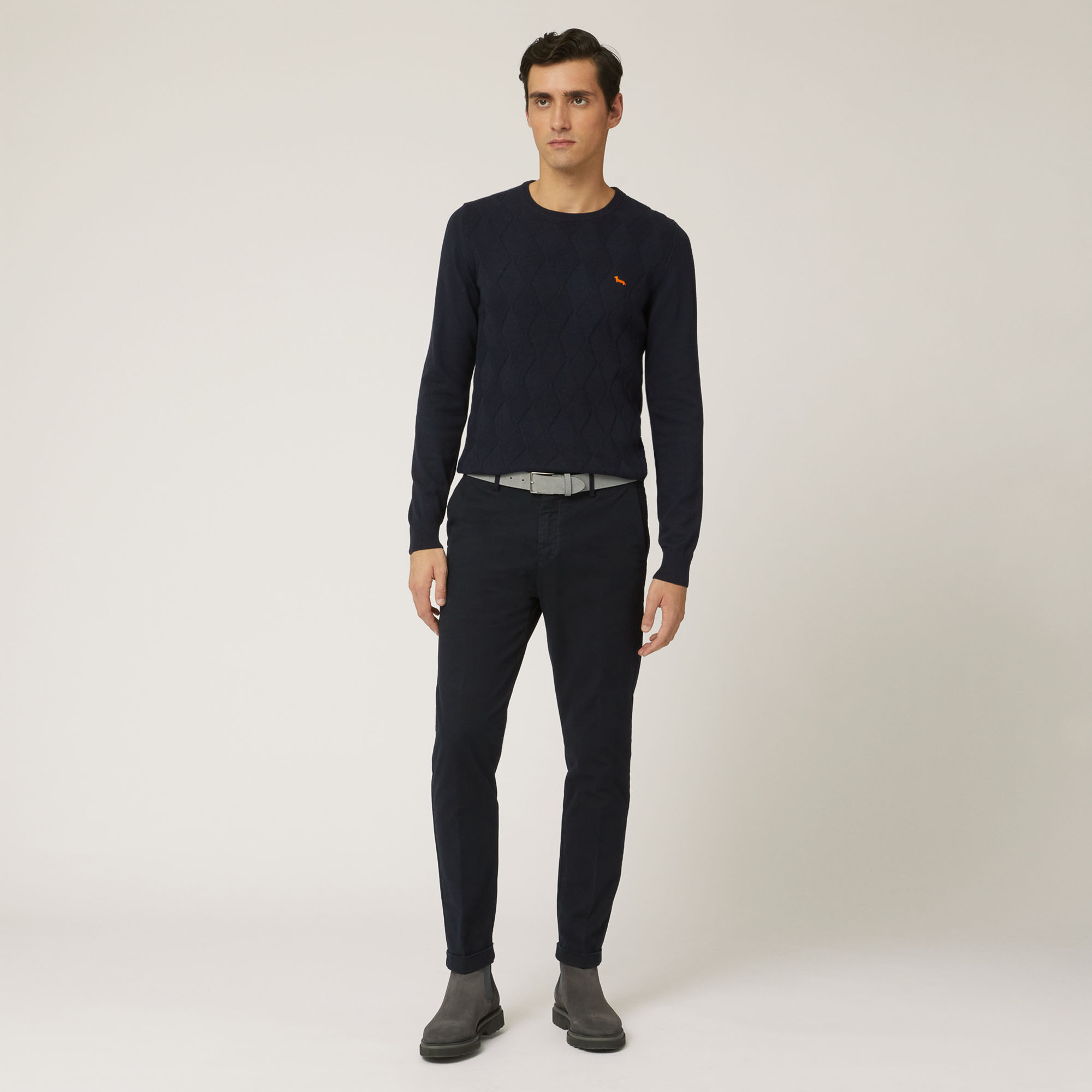 Crew-Neck Pullover With Argyle Motif On The Front, Blue, large image number 3