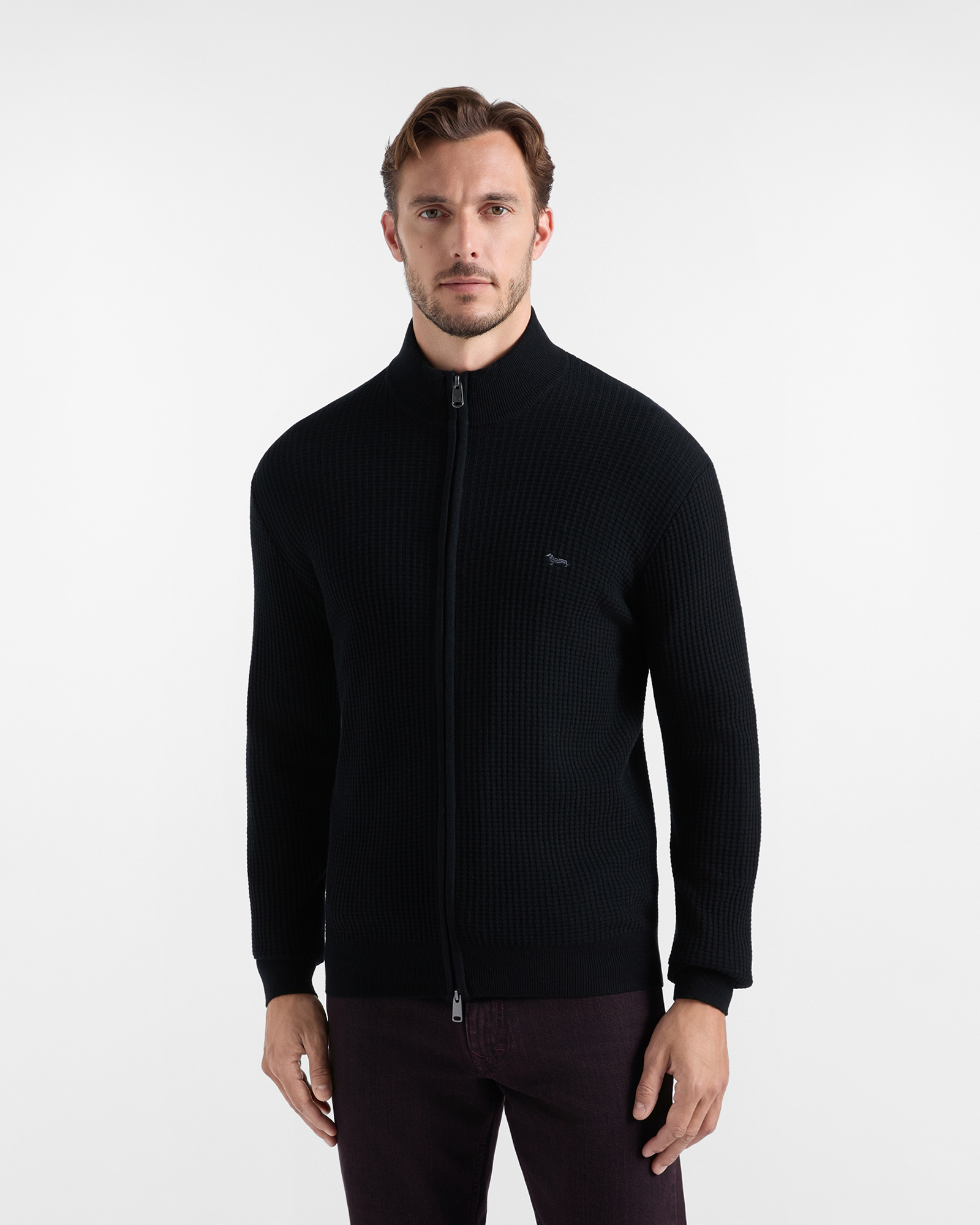 Maglia Uomo con collo alto full zip in misto lana e cotone nero Regular Fit