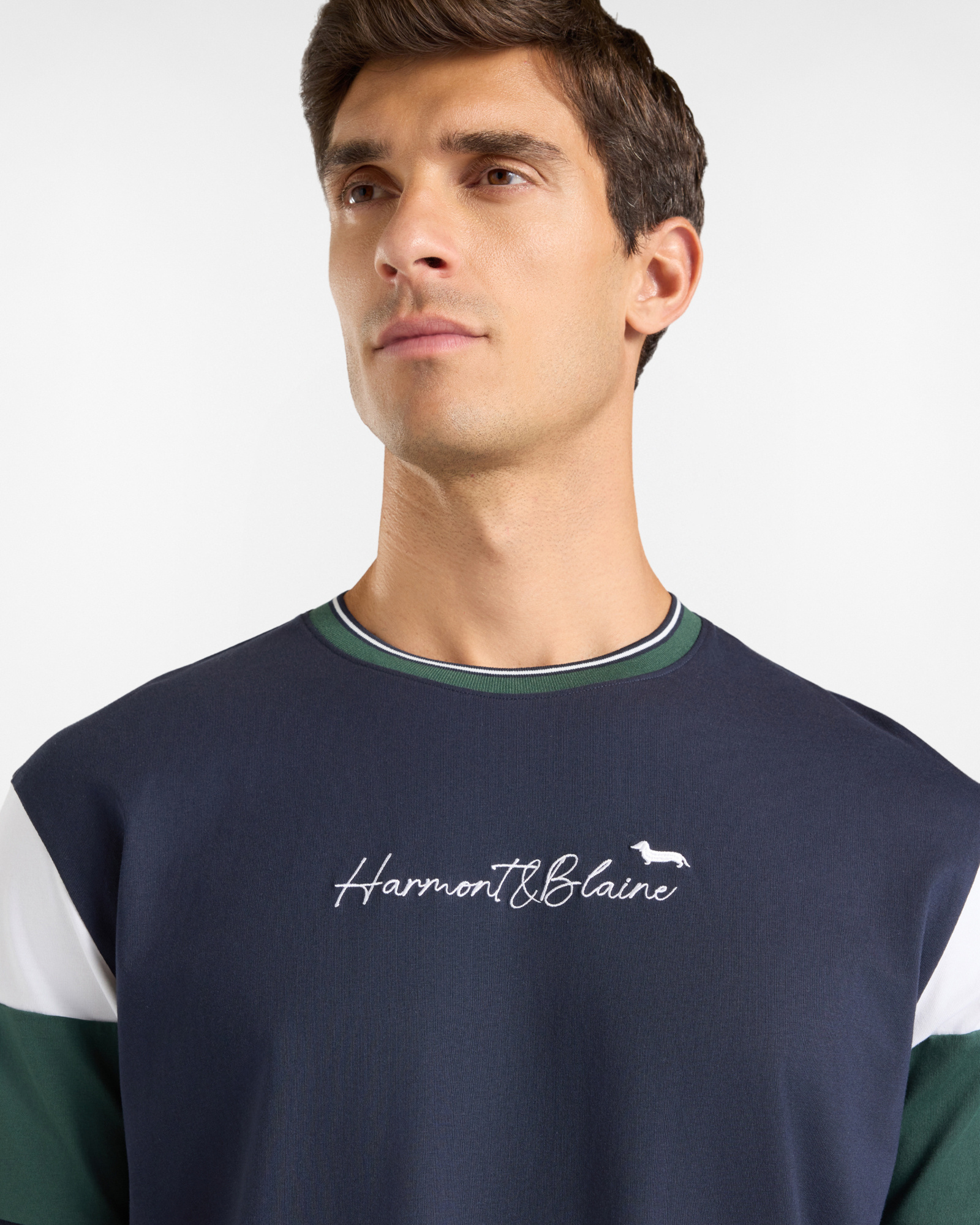 Men's T-shirt with striped ribbed crewneck in  100% pure cotton with relaxed fit, NAVY BLUE, large image number 2
