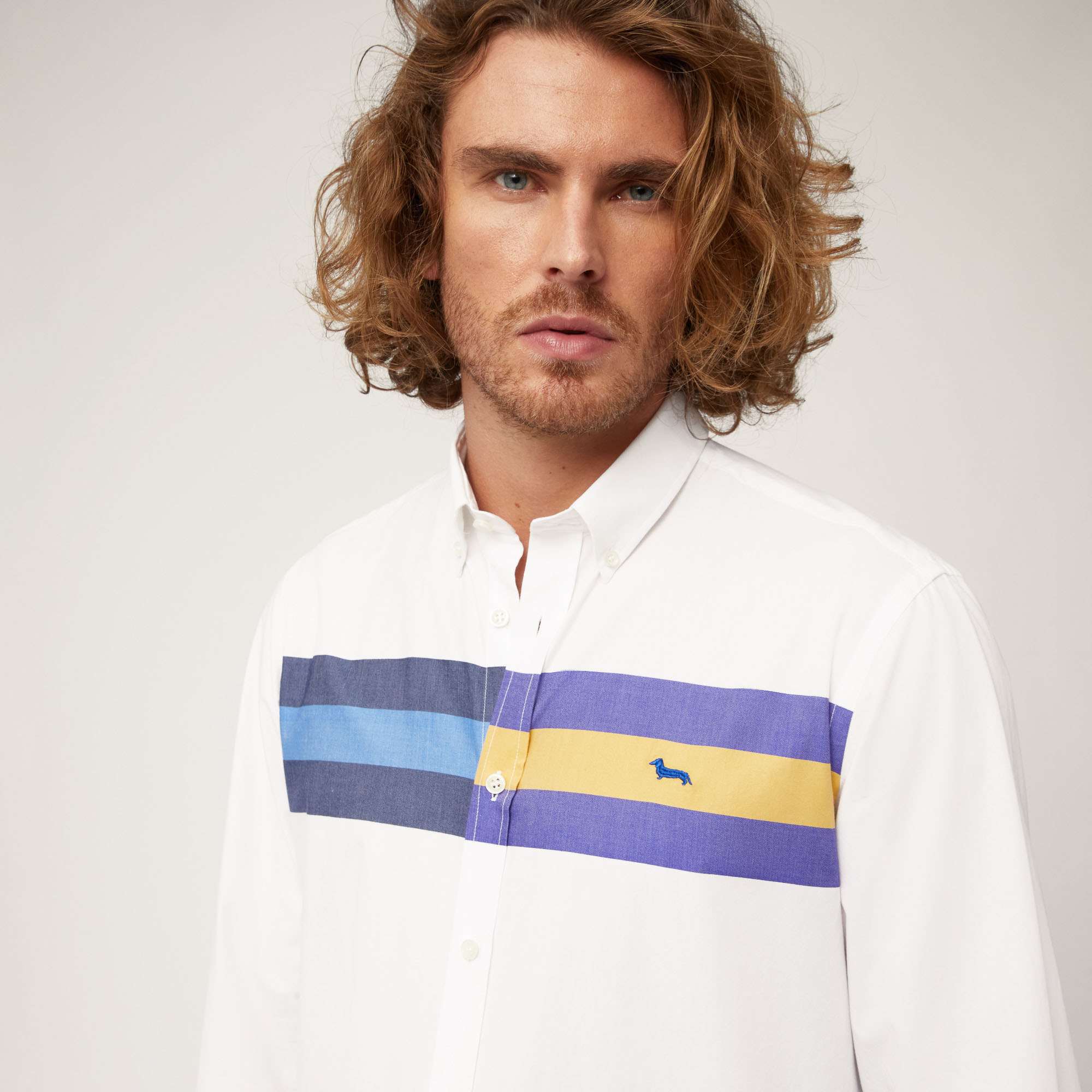 Cotton Shirt with Horizontal Bands, Gold, large image number 2
