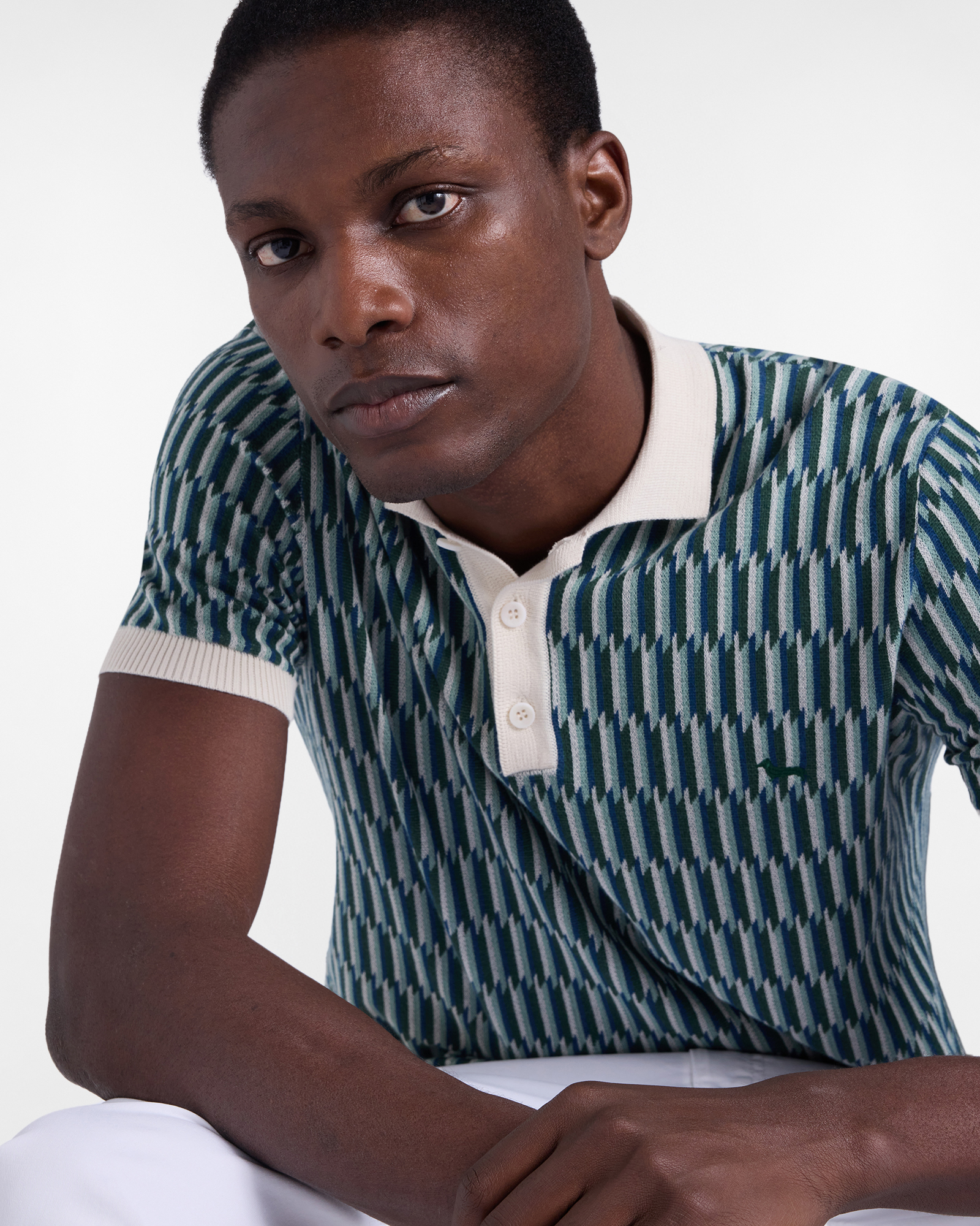 Geometric jacquard knit polo shirt, Beige, large image number 2