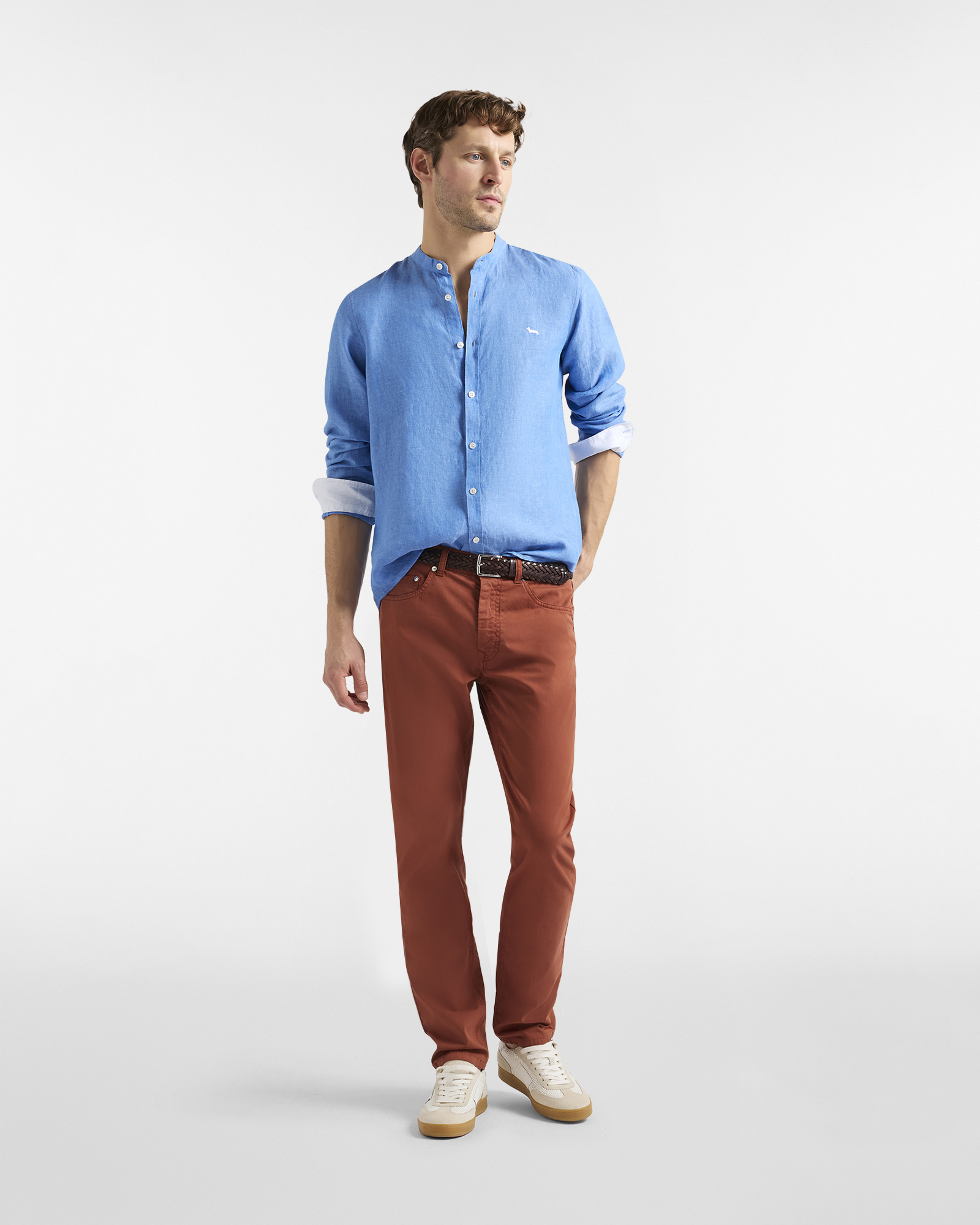 Linen shirt with mandarin collar, Blue, large image number 3