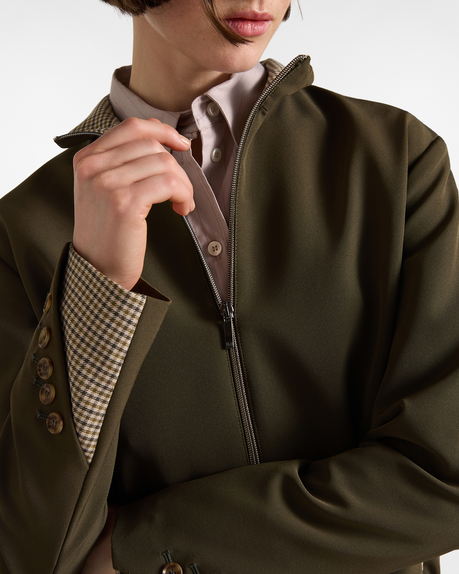 Women's bomber jacket with micro-gingham inserts, Made in Italy, PETROLEUM GREEN, large image number 2