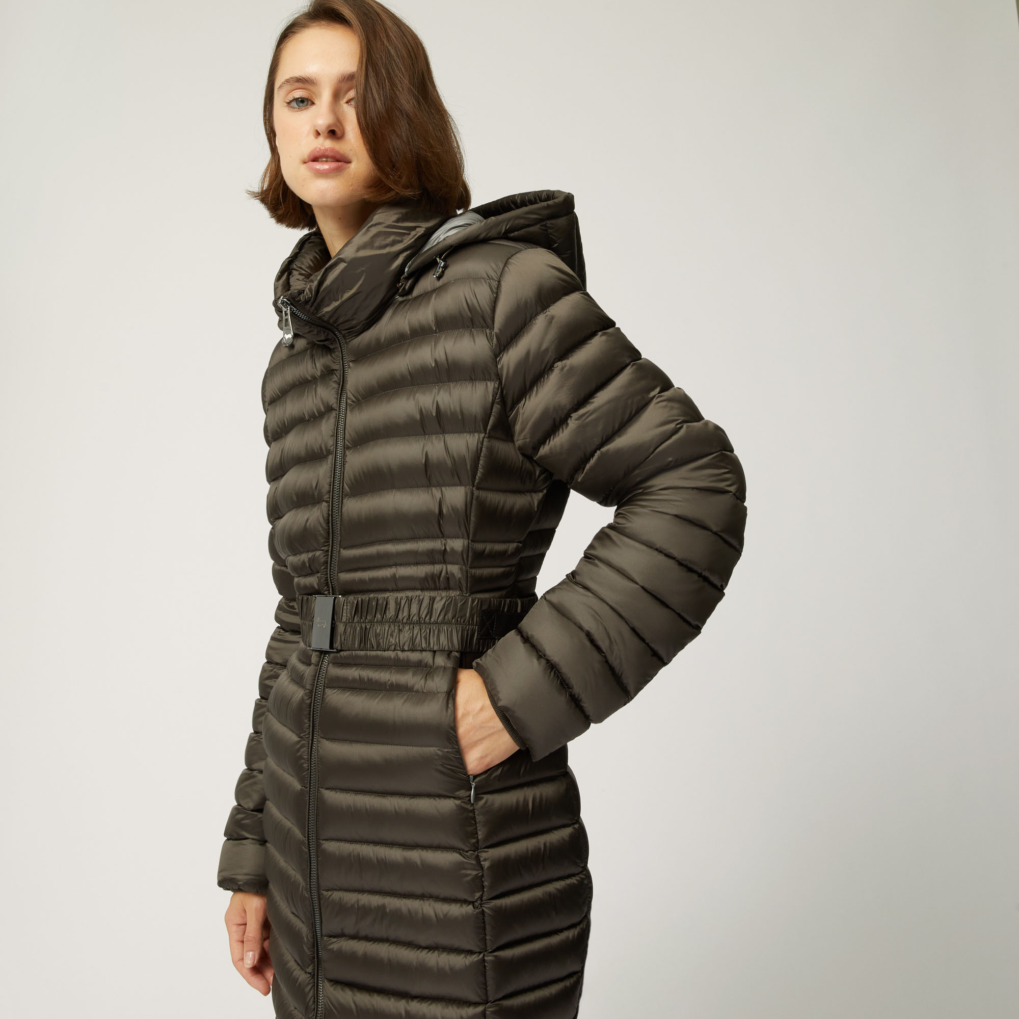 Long Padded Jacket With Hood, Brown, large image number 2