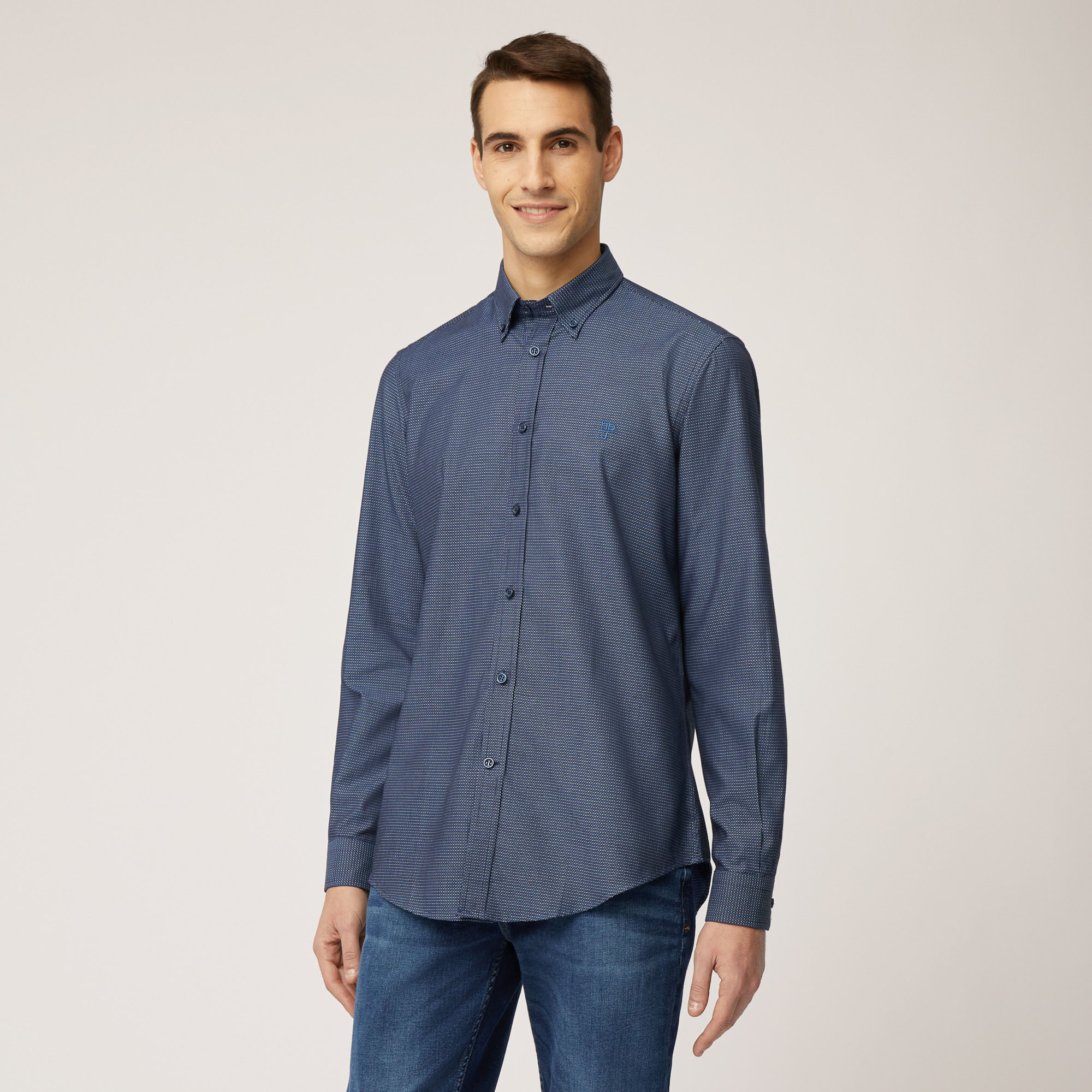 Camicia Narrow Fit In Micro Fantasia, Blu, large image number 0