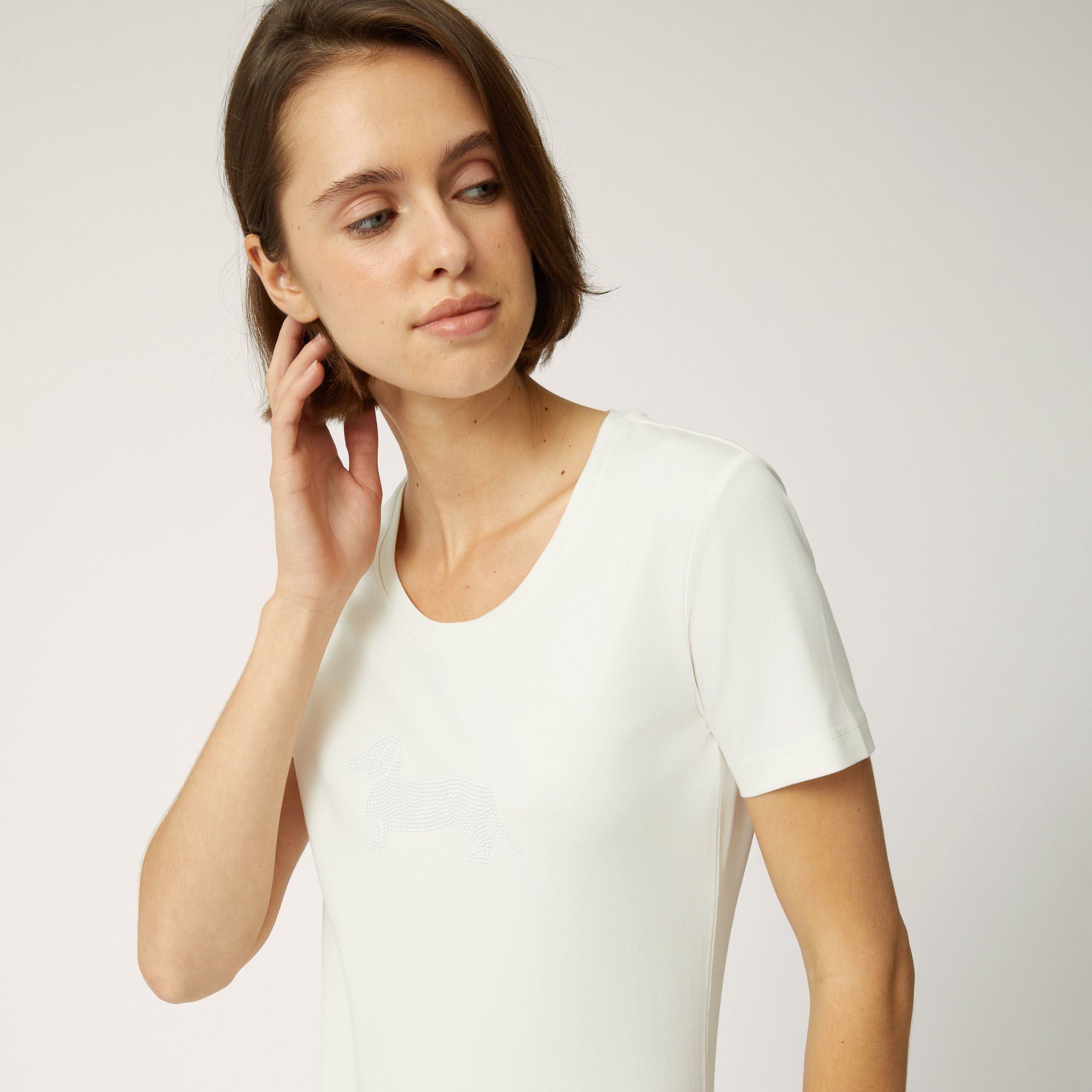 T-Shirt In Cotone Stretch Con Maxi Bassotto, Panna, large image number 2