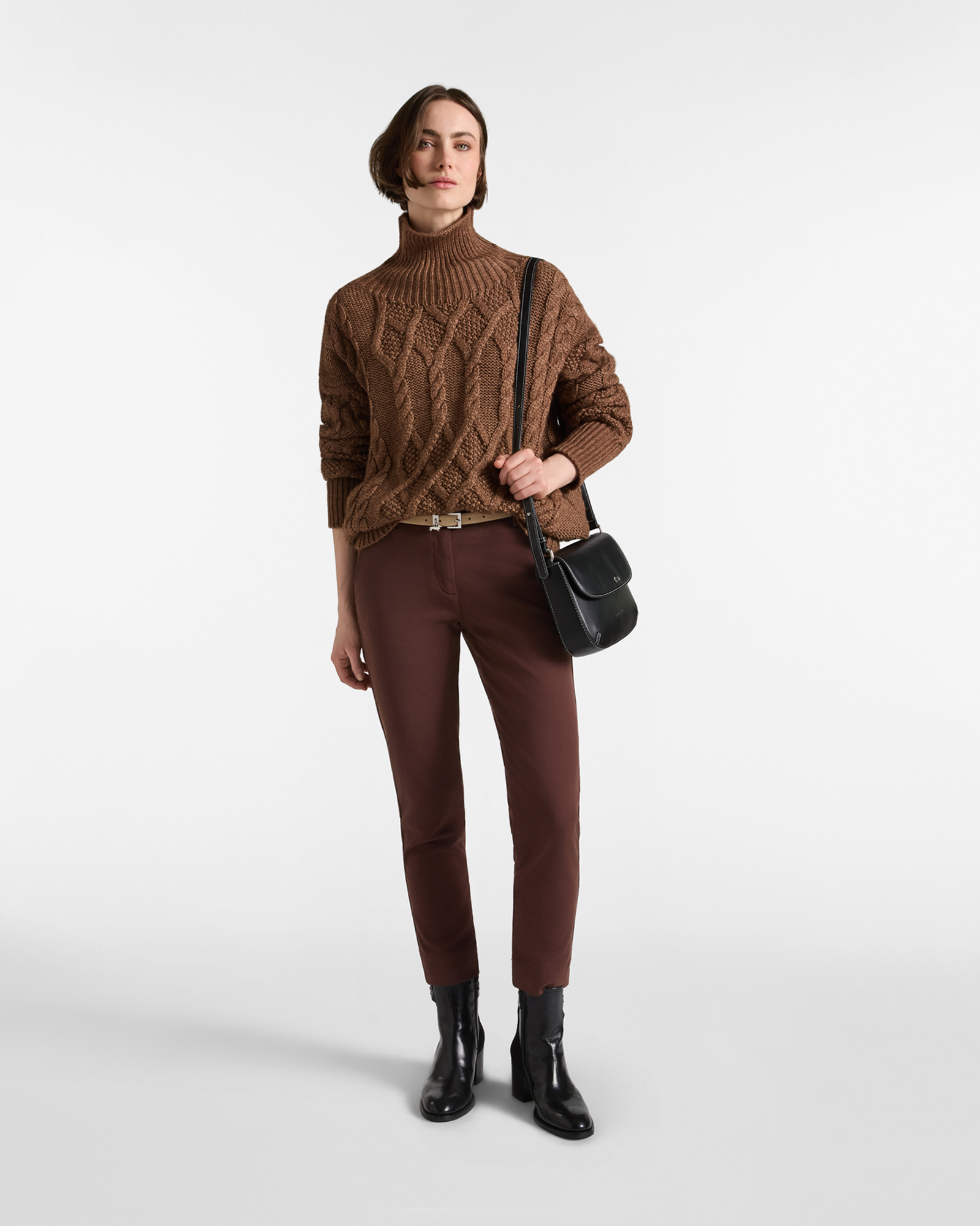Women's oversized fit maxi turtleneck pullover in wool with cashmere and cotton blend, DARK BROWN, large