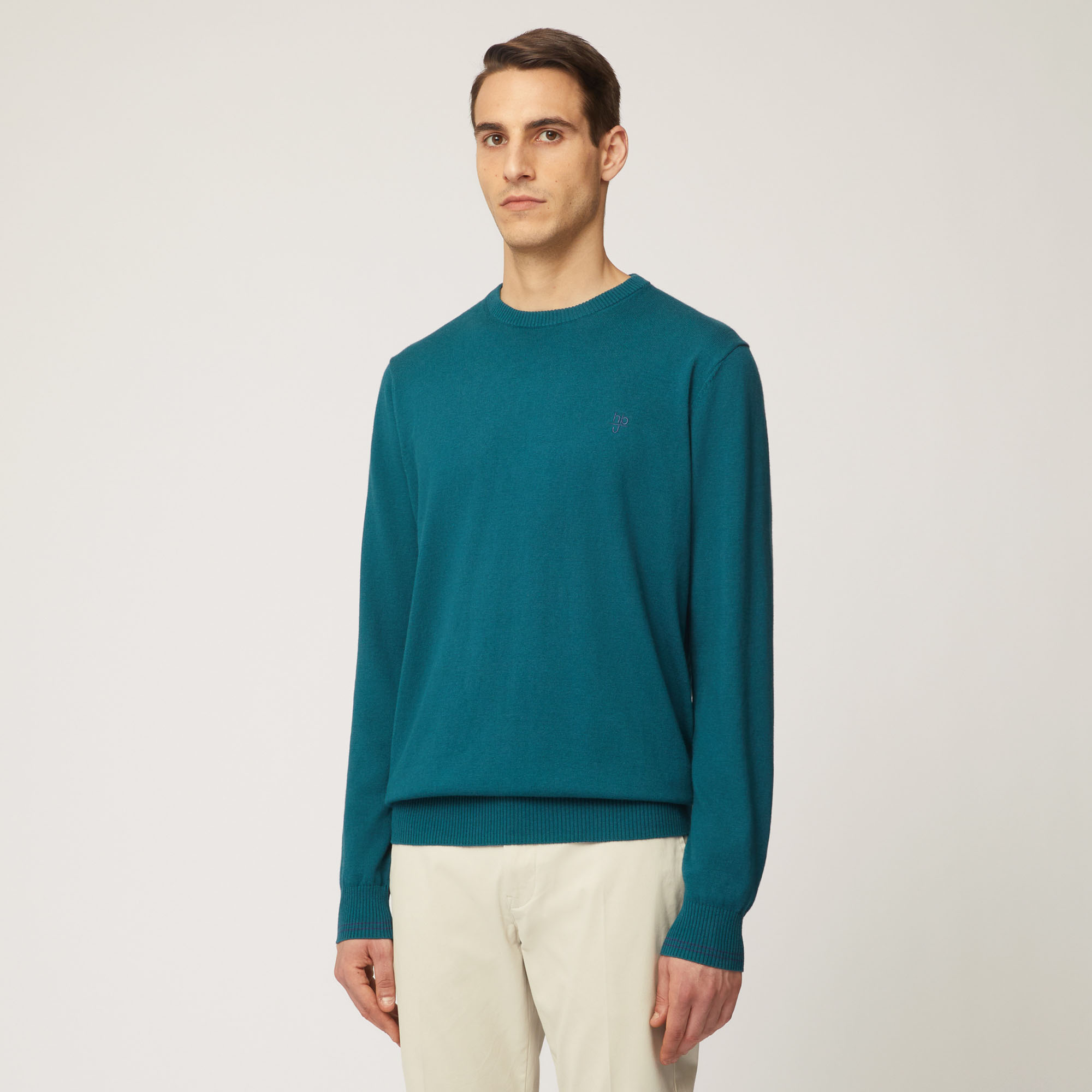 Pullover Girocollo Con Dettaglio A Contrasto Sui Polsi, Verde Petrolio, large image number 0