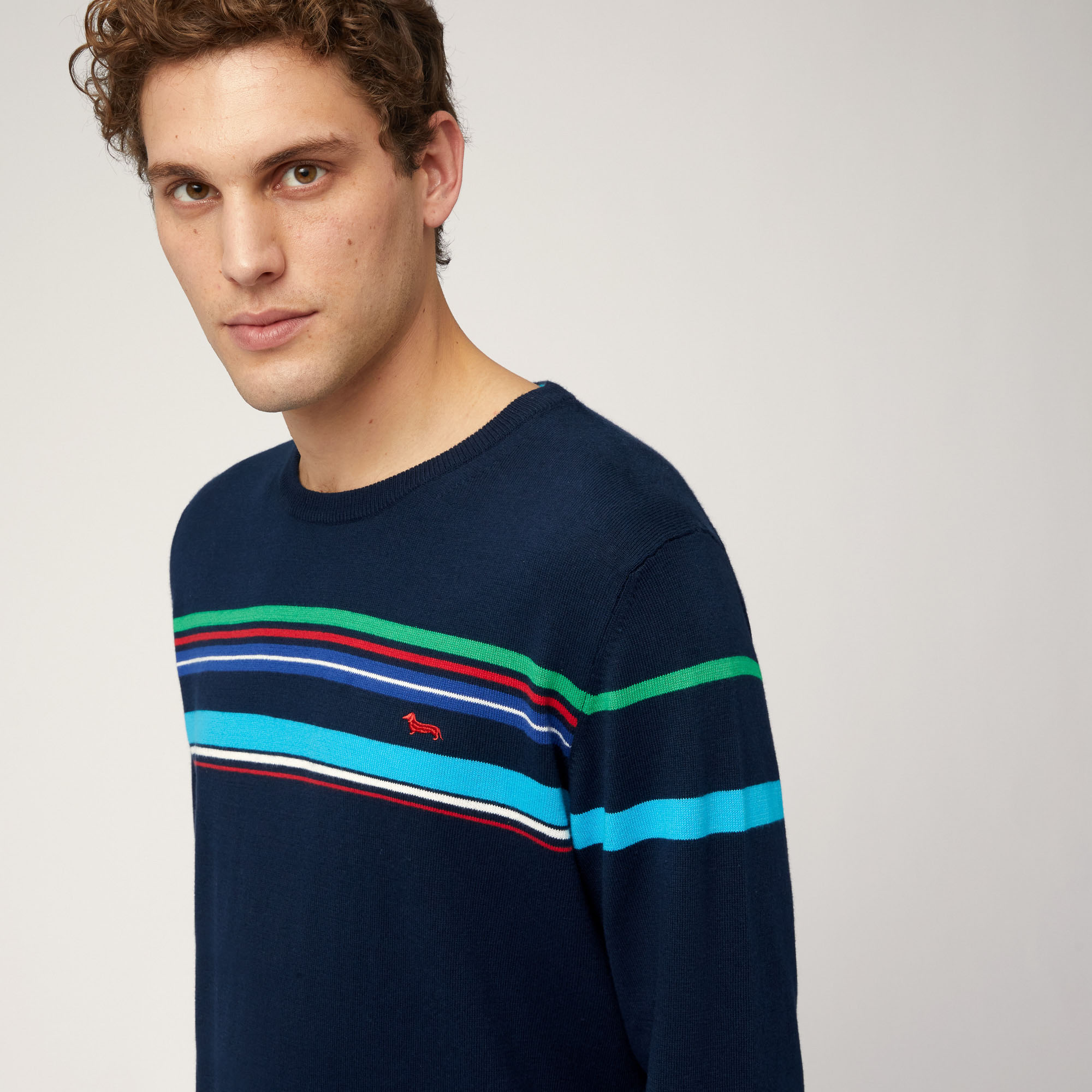 Organic Cotton Crew Neck Pullover with Color Block Stripes, Night Blue, large image number 2