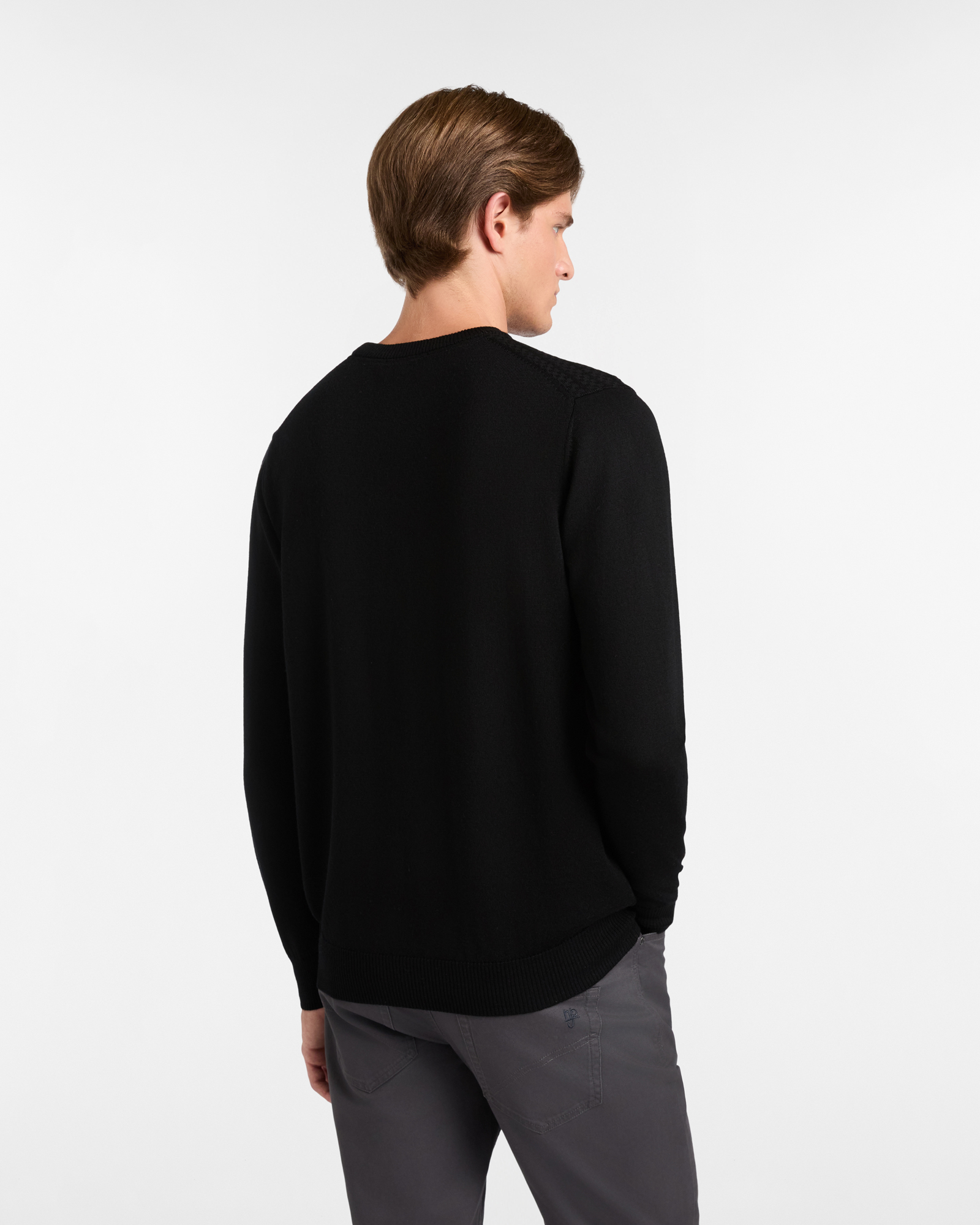 Maglione Girocollo in Lana Merino con Lavorazione Jacquard, Nero, large image number 1