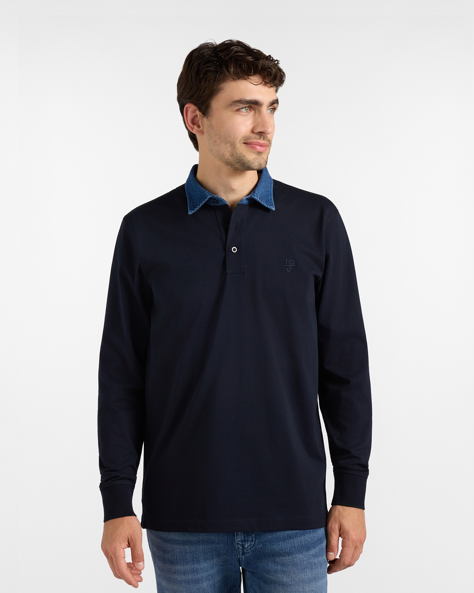 Polo HBJ Uomo con Colletto in Denim di Puro Cotone, BLU SCURO, large