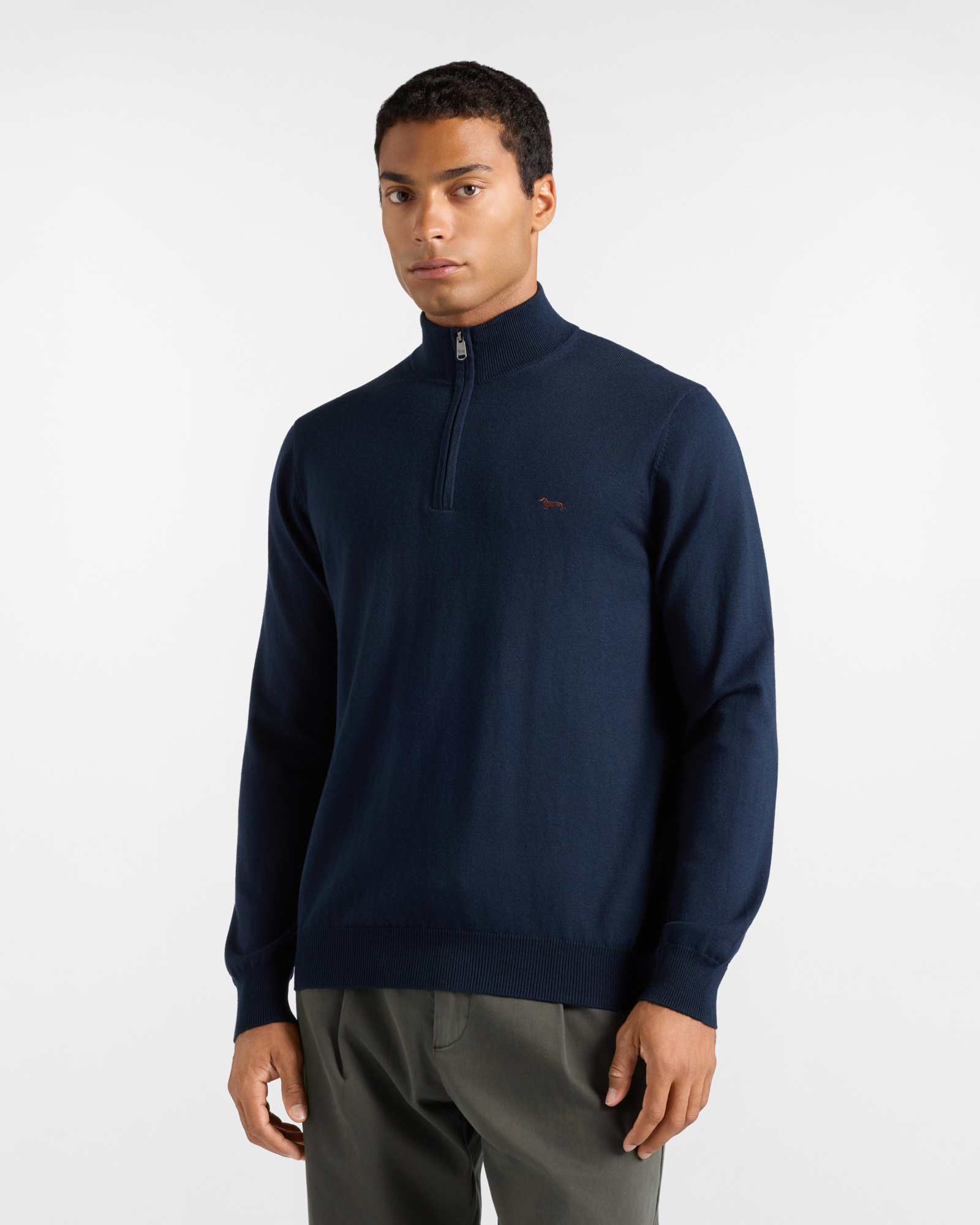 Men's regular fit sweater with half-zip stand-up collar in a blue wool and cotton blend