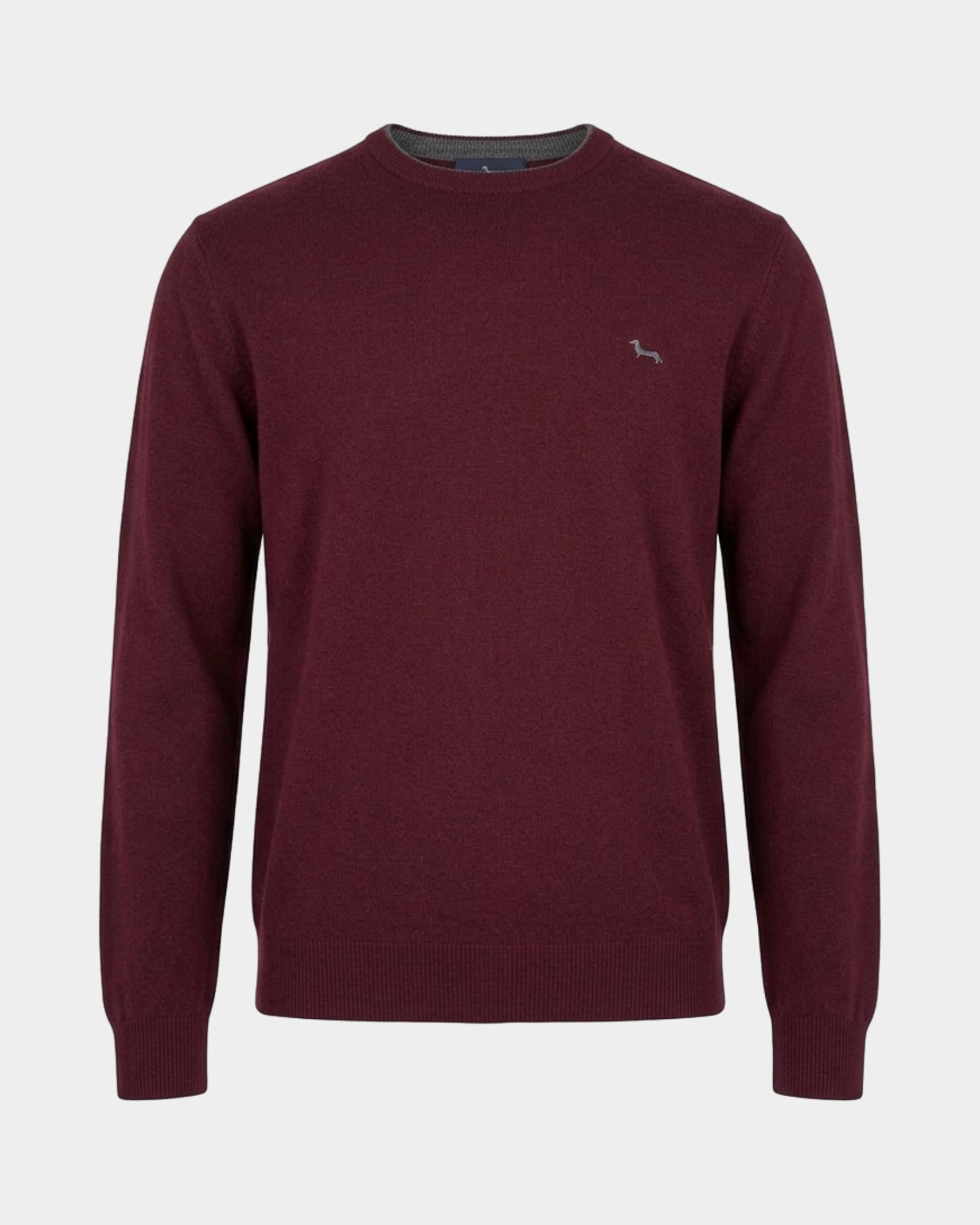 Men's crewneck sweater with contrasting stripe in a gray wool and cashmere blend with regular fit, BORDEAUX, large